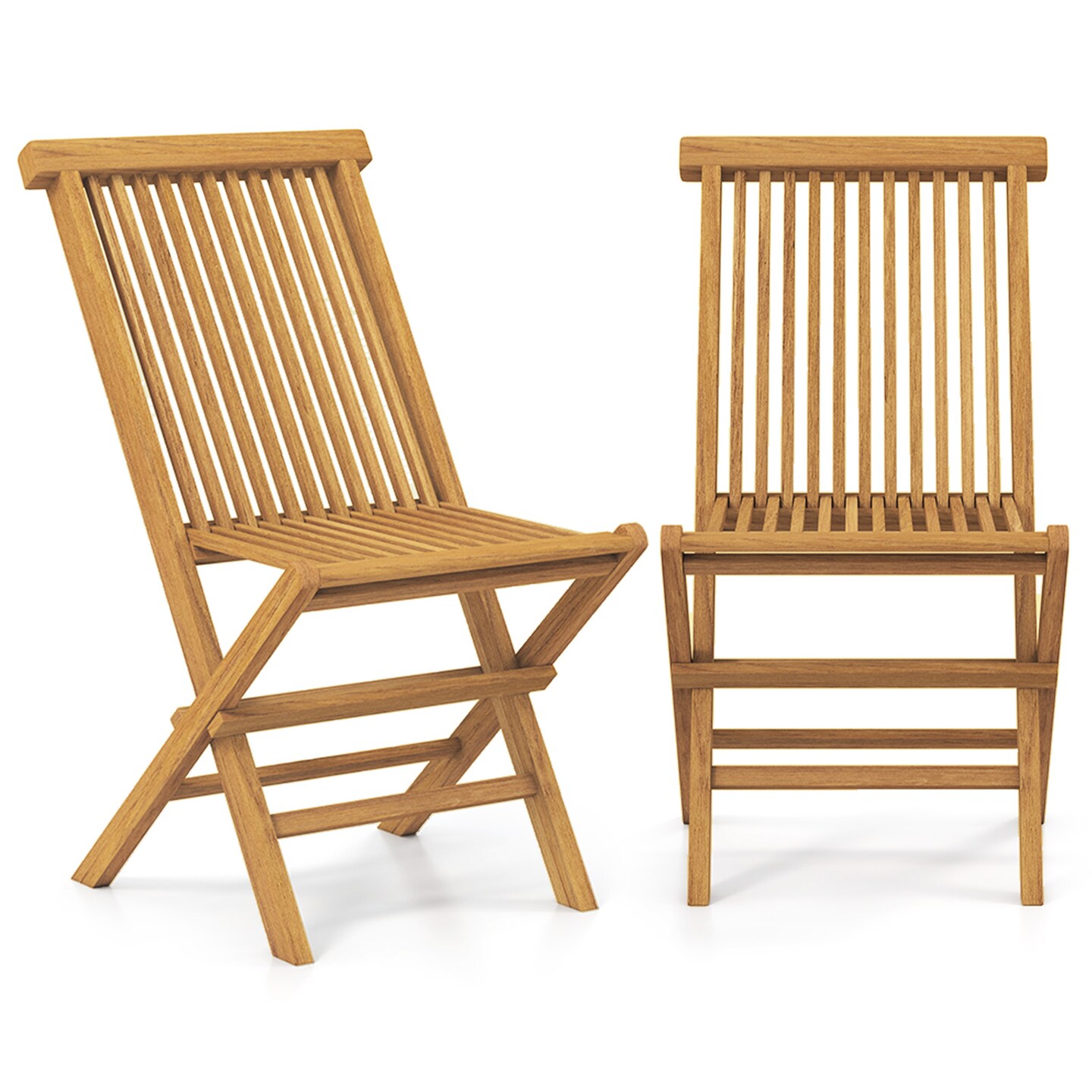 Set of 2 Space-Saving Outdoor Folding Teak Wood Chair with Breathable Slatted Seat and High Back