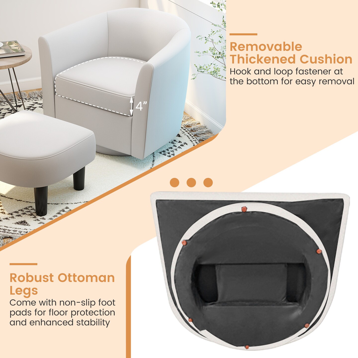 Modern Swivel Chair with Curved Backrest Ottoman and Removable Machine-Washable Cushion
