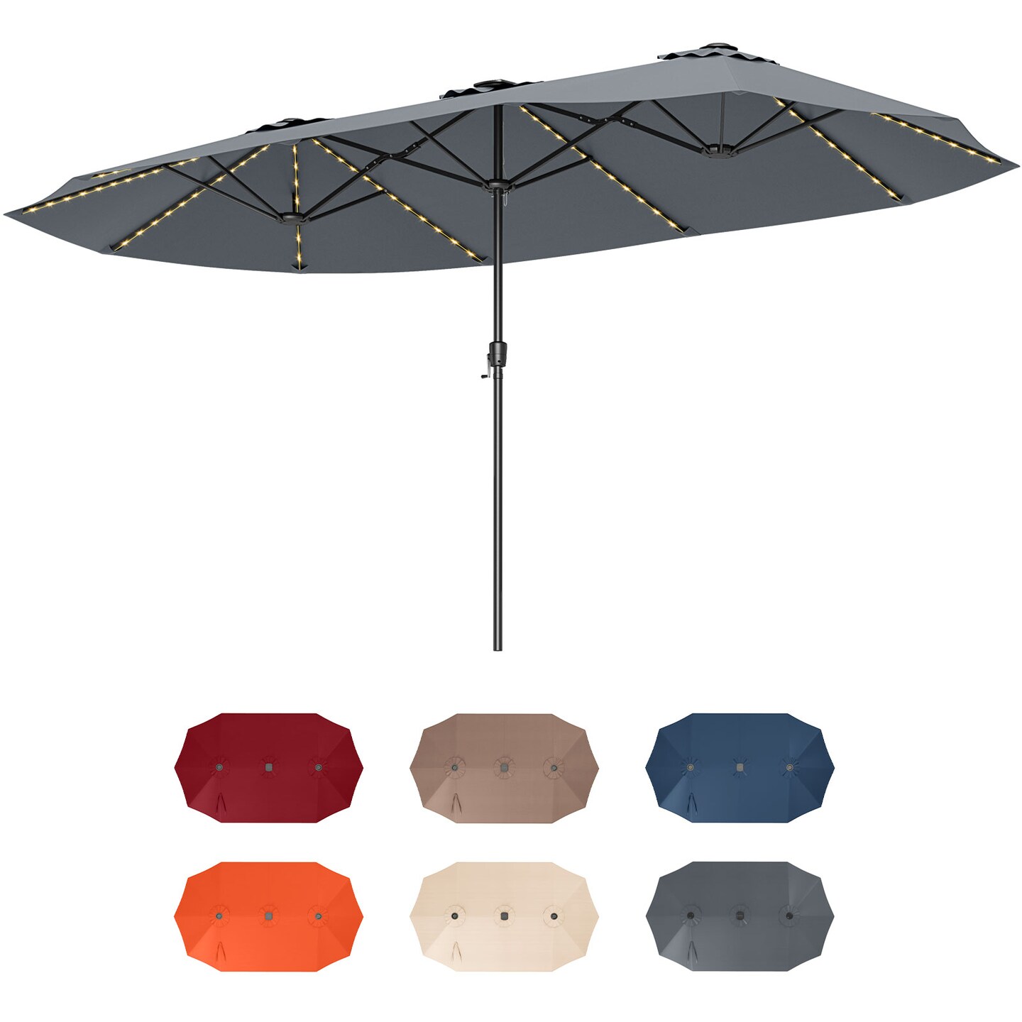 Extra Large LED Patio Umbrella, Double-Tier Canopy with Crank and Solar Lights