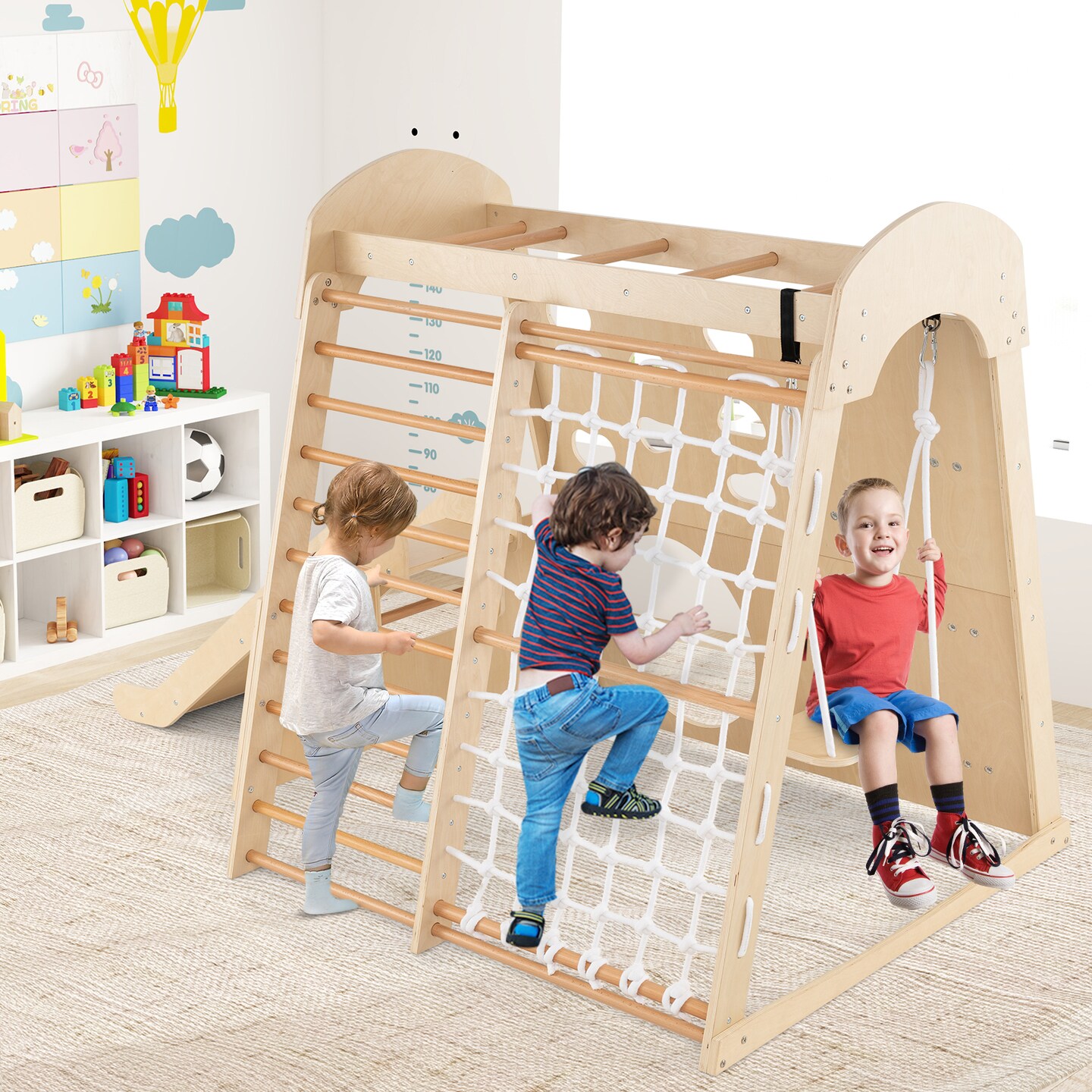 Wooden 8 in 1 Indoor Playground with Swing Climbing Wall and Slide