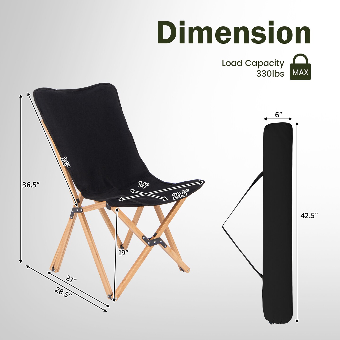 Black Foldable Butterfly Chair with Bamboo Frame & Canvas Seat