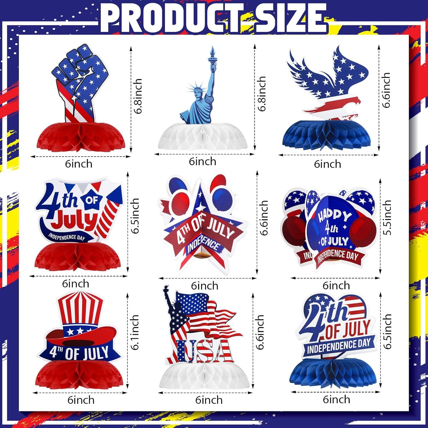 9 Pieces Patriotic Table Centerpiece 4th of July Honeycomb Centerpieces 3D Patriotic Table Decoration American Flag for Independence Day Party Decorations Supplies