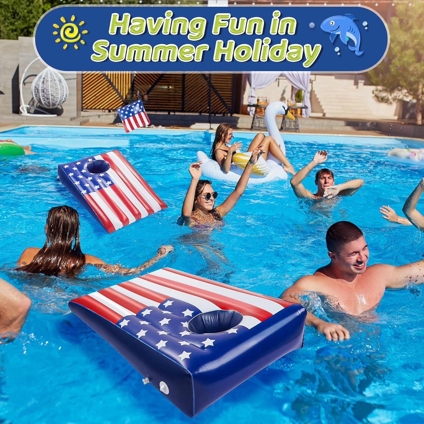 Pool Cornhole Inflatable Bean Bag Toss Game Toy 2 Sets, Independence Day Swimming Pool Game for Teens, Adults and Family, American Flag Theme Water Floating Cornhole Toy with 8 Bean Bags