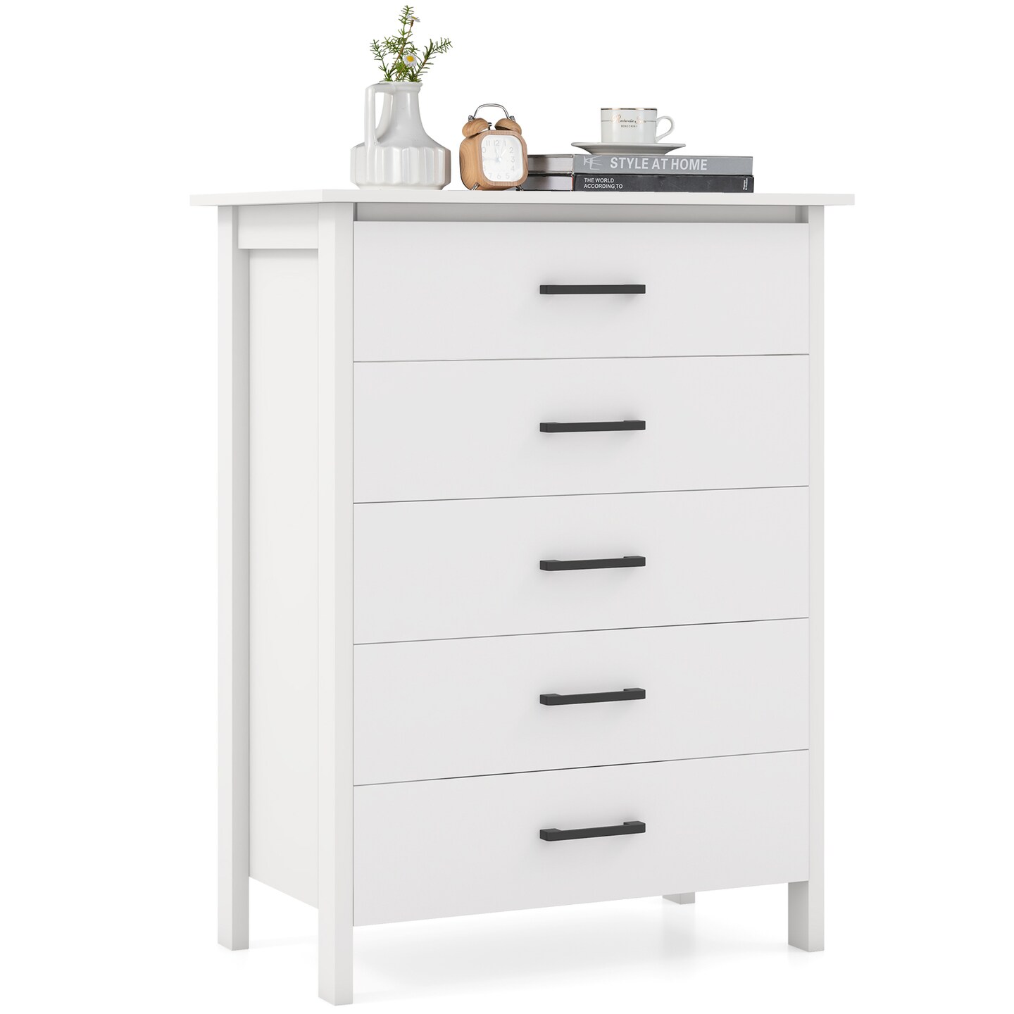 Modern Tall Storage Dresser with 5 Spacious Drawers and Wood Top Shelf for Bedroom Closet or Entryway