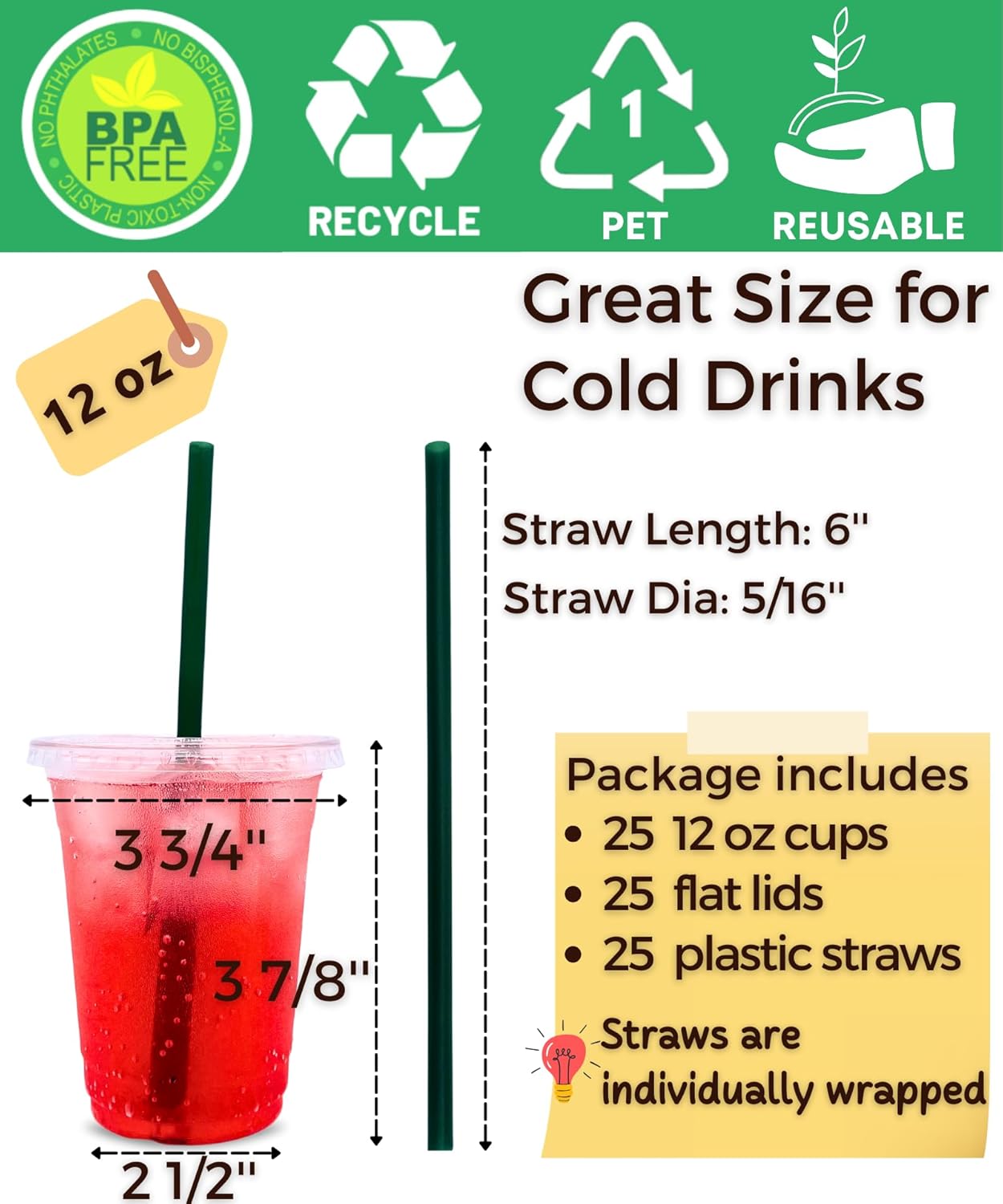 12 oz Clear Plastic Cups with Lids and Straws, Disposable Coffee Cups 25 Sets