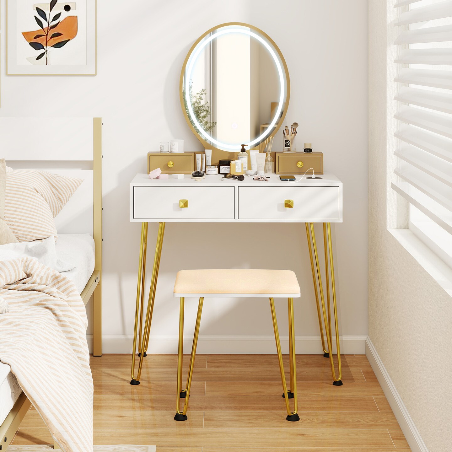 White and Gold Makeup Vanity Table with Adjustable Brightness LED Mirror and USB Charging Storage Drawers