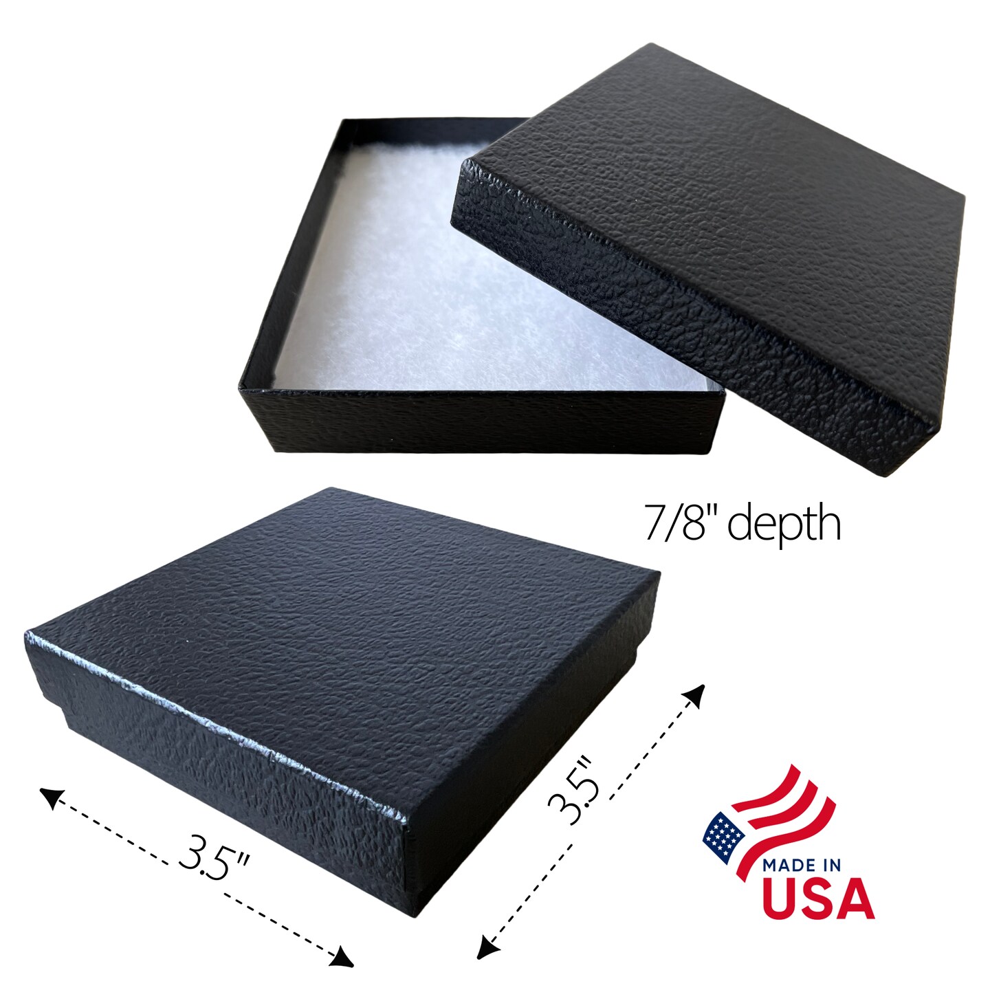 MADE IN USA - 20 Boxes - Black Embossed Jewelry Boxes with Cotton Filling - 3.5&#x22;x3.5&#x22;x7/8&#x22;