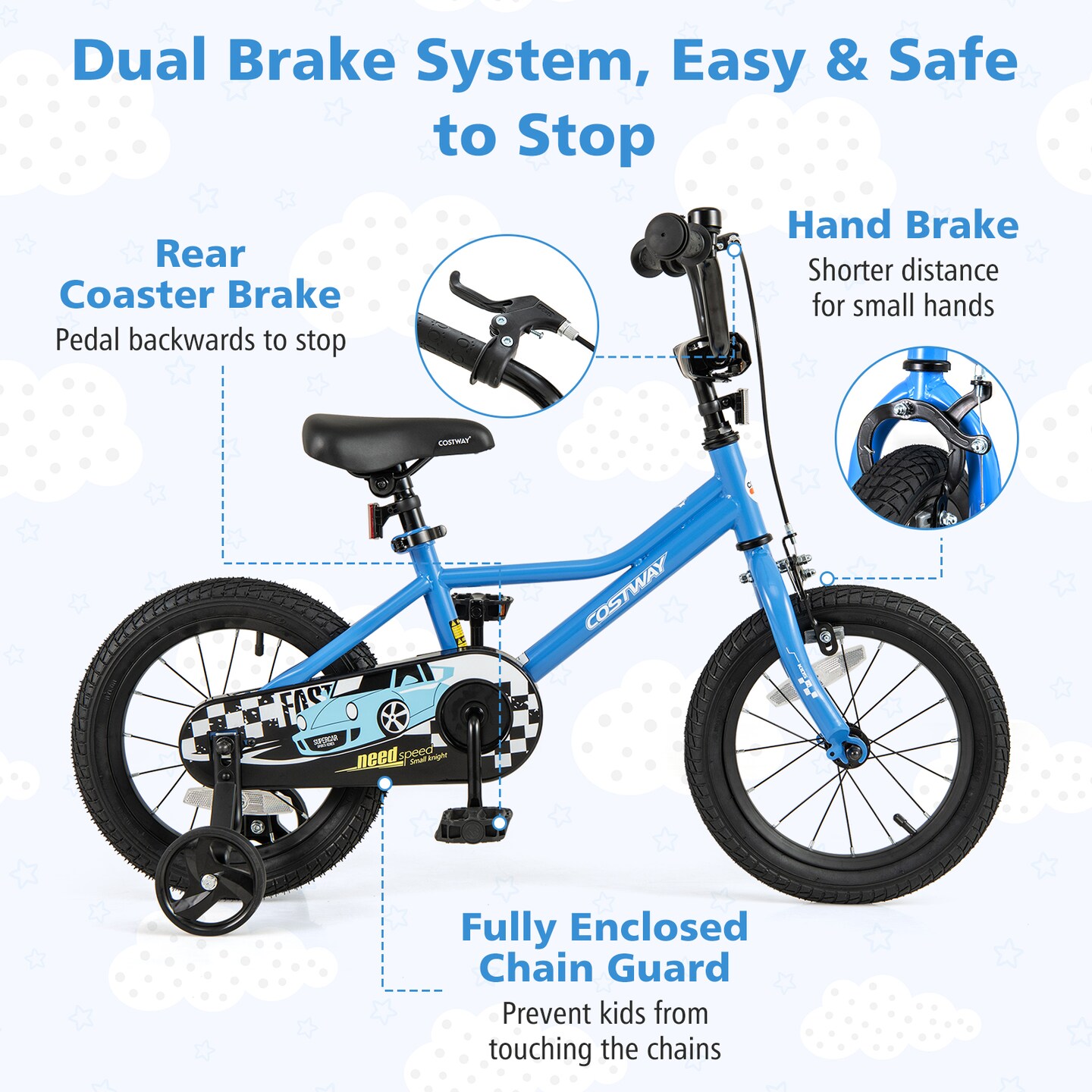 Blue Dual Brakes Kids Bicycle with Carbon Steel Frame and Training Wheels Perfect for All Terrains