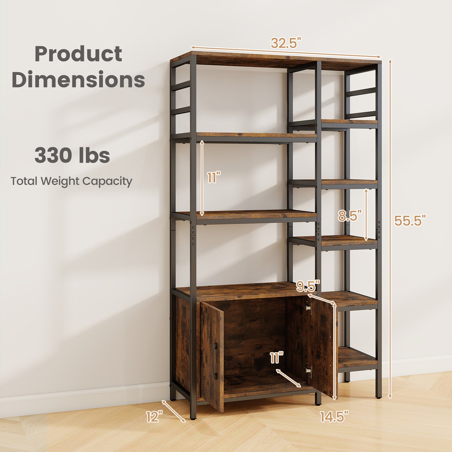 55.5" Tall 8-Tier Bookshelf with Double Door Cabinet Industrial Design Metal and Wood Storage Rack