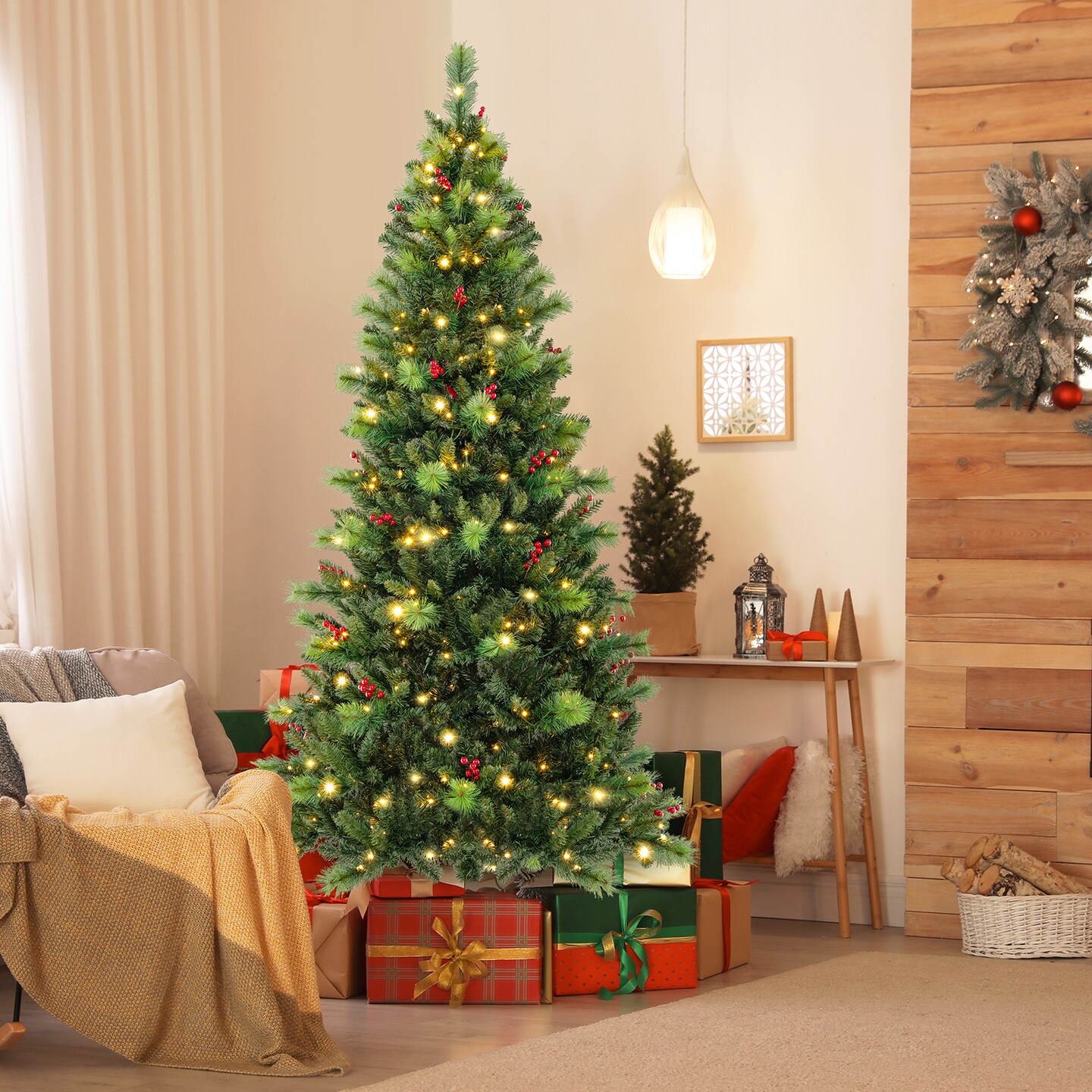 Green Pre-Lit Artificial Christmas Tree with LED Lights, Red Berries and Hinged Branches