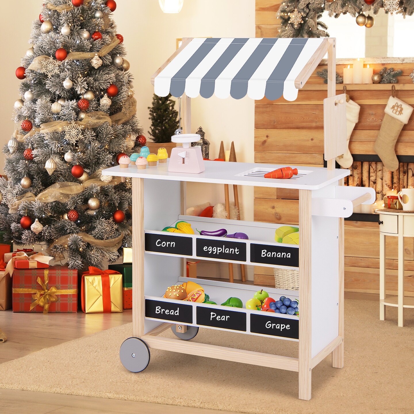 Wooden Ice Cream Cart for Children with Chalkboard Storage and Toy Pieces