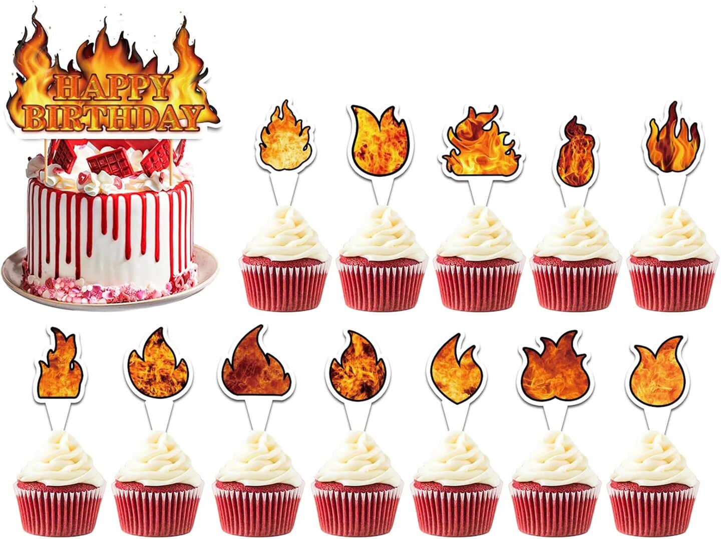 25 Pcs Fire Cake Topper Cupcake Toppers Fire Cake Decorations for Firefighter Party Decorations Fire Truck Birthday Party Supplies