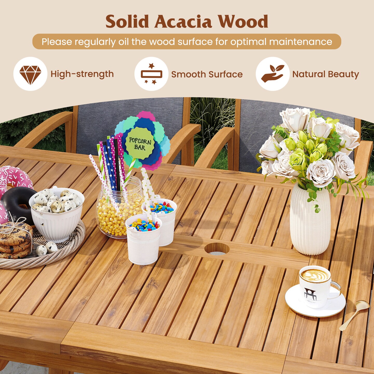 55 Inch Acacia Wood Expandable Outdoor Table with Umbrella Hole Ideal for Patio Gatherings