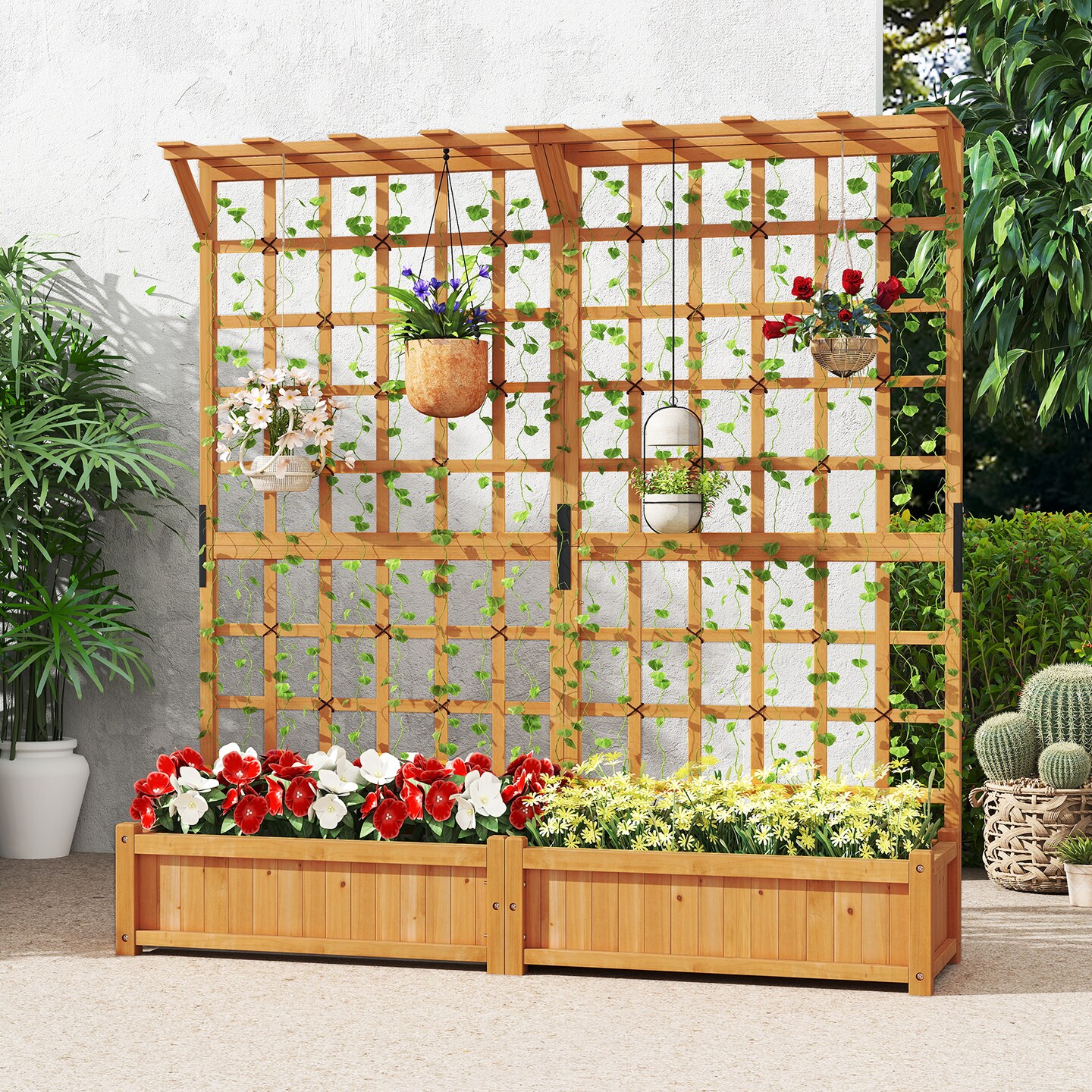 3-in-1 Raised Garden Bed with Fir Wood Frame Trellis Support and Efficient Drainage System