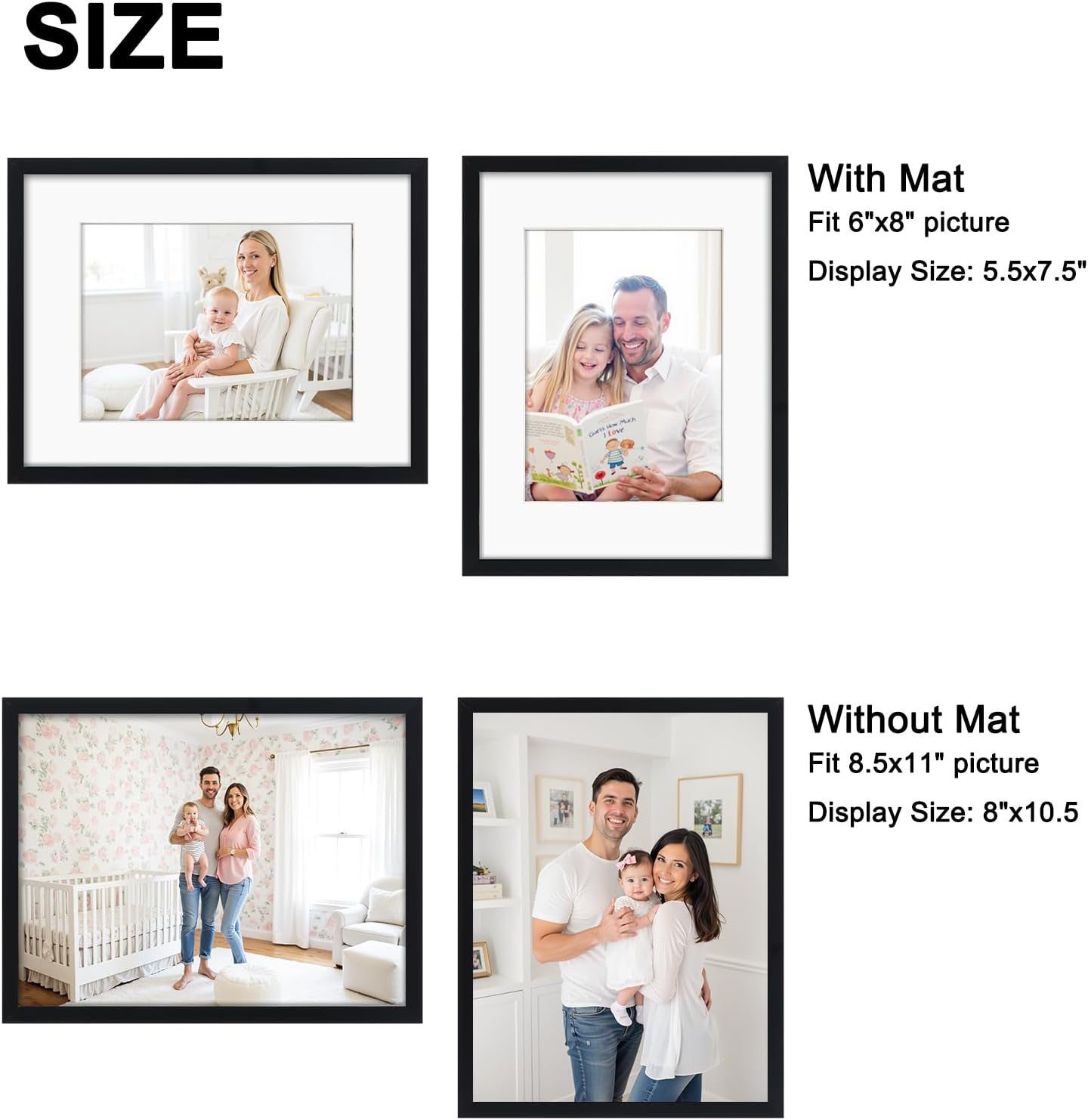 Black 8.5x11 Picture Frame Set of 4, Matted to 6x8 Picture or 8.5 x 11 Inch Certificate Award Document Without Mat, Wall and Tabletop Display
