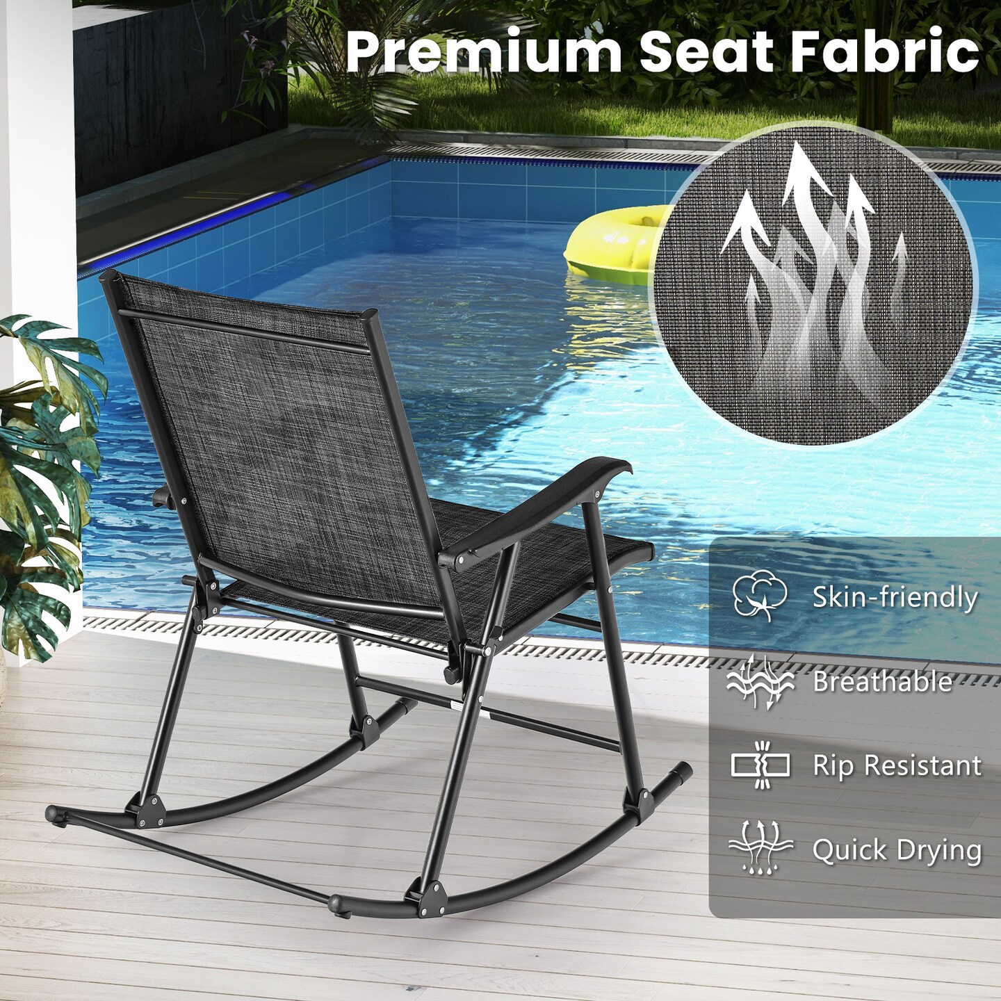 Set of 2 Folding Rocking Chairs with Breathable Fabric and Curved Armrests