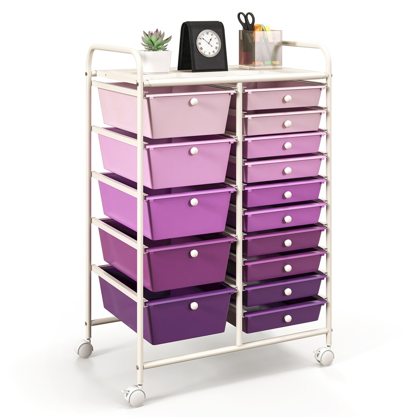 White Steel Frame Rolling Storage Cart with Purple Drawers and 15 Compartments