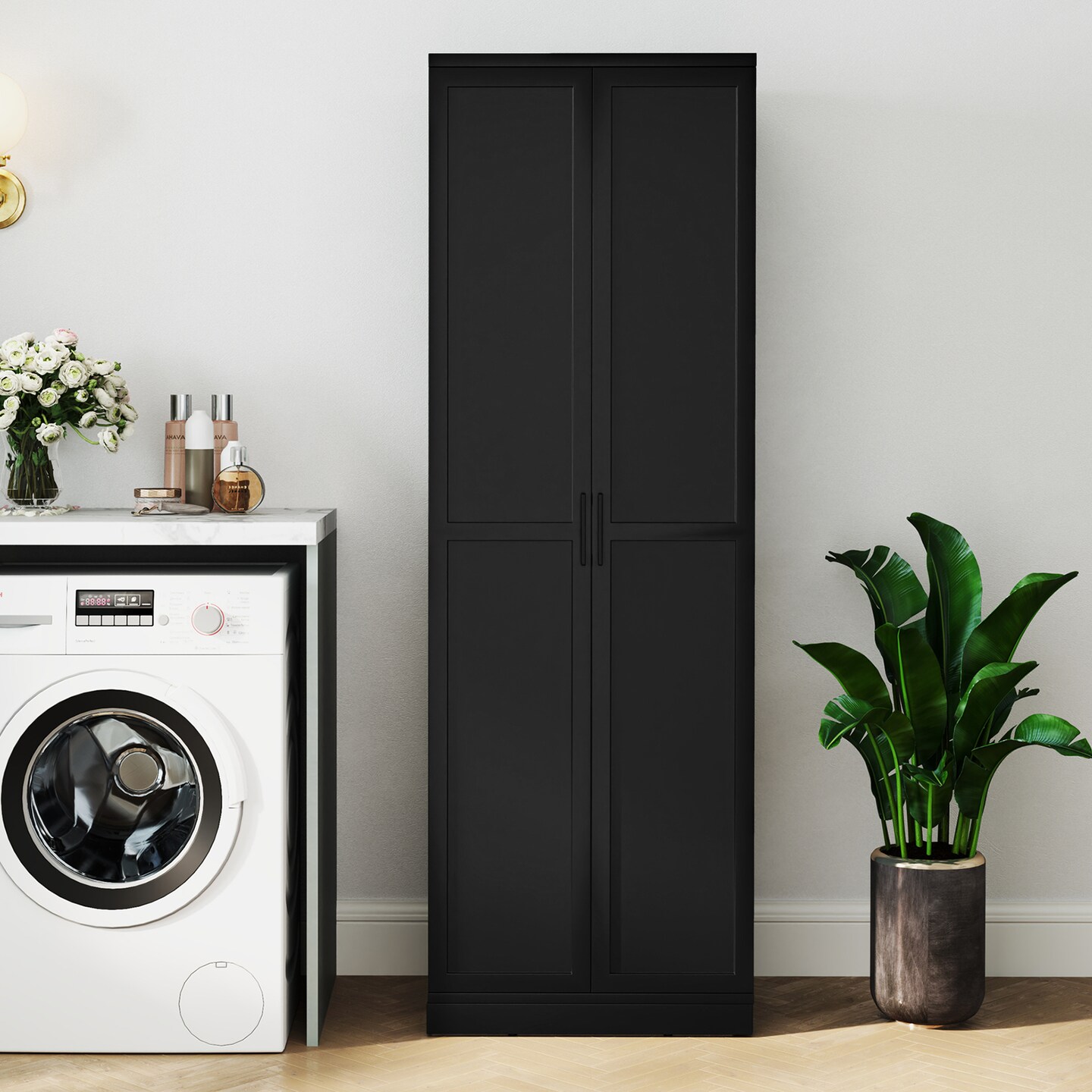 Black 5-Tier Multi-Purpose Storage Cabinet with Adjustable Shelves and Smooth Doors for Home Organization