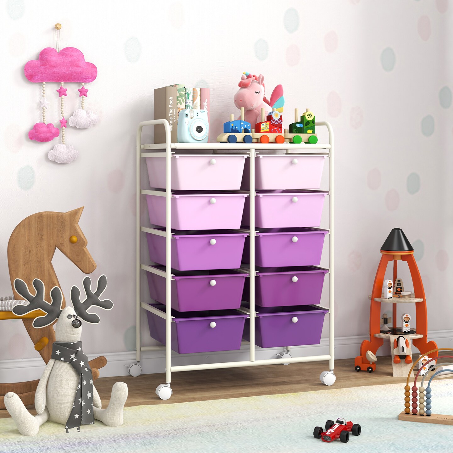Rolling Storage Organizer Cart with 10 Drawers and Mesh Top Shelf