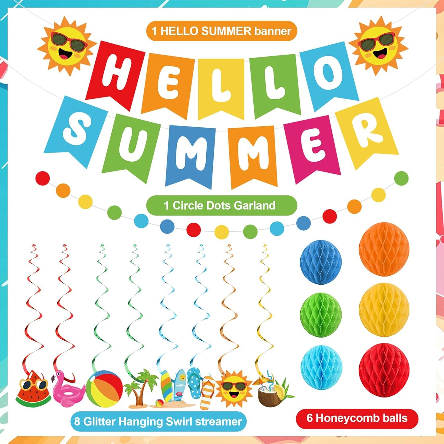 Summer Party Decoration Hello Summer Banner Colorful Beach Pool Theme Banners Pre-strung Pool Banner Hanging Swirls Honeycomb Balls Circle Dots Garland for Holiday Beach Party Decorations Supplies