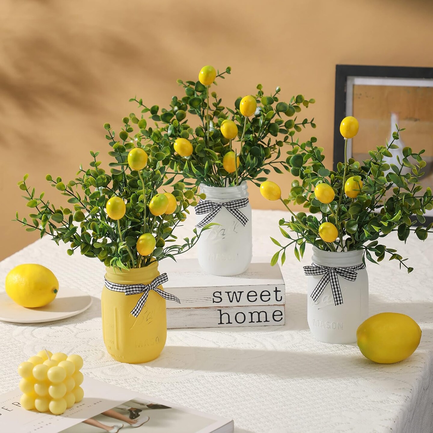 Lemon Mason Jars Centerpiece for Table, Wood Tray with 3 Painted Jars, Dining Coffee Table Centerpiece For Kitchen, Living Room, Spring Mason Jar Decor with Lemon