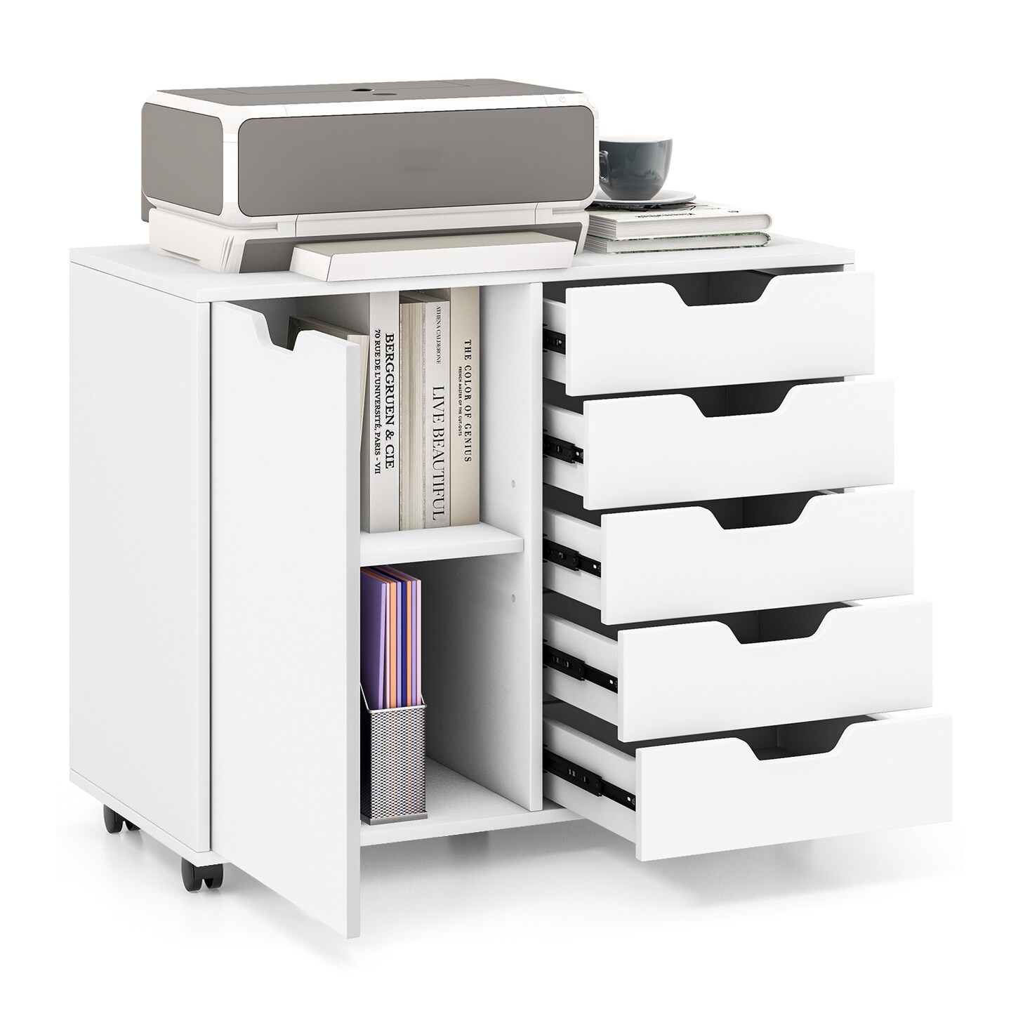 White Engineered Wood Storage Cabinet with Drawers and Swivel Casters