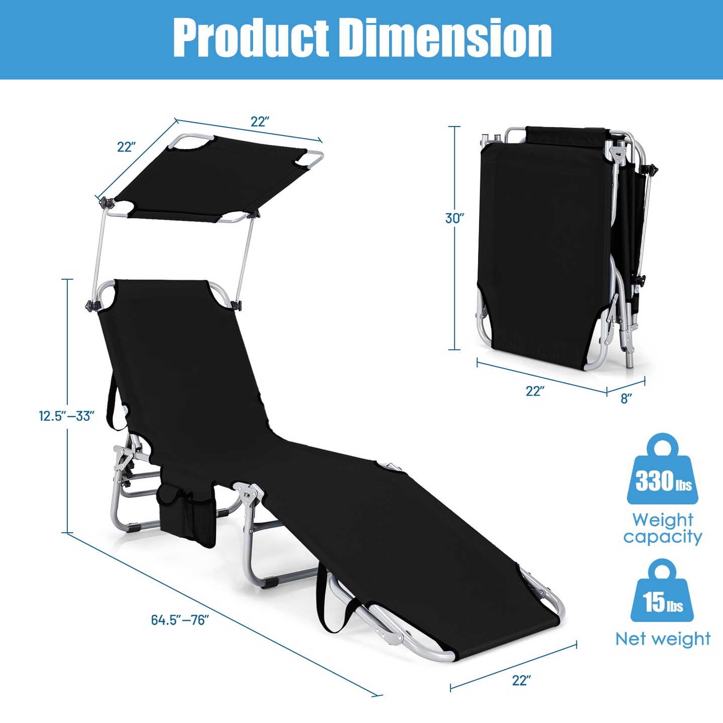 Set of 2 Portable Reclining Chair Set with Canopy and Storage Pocket