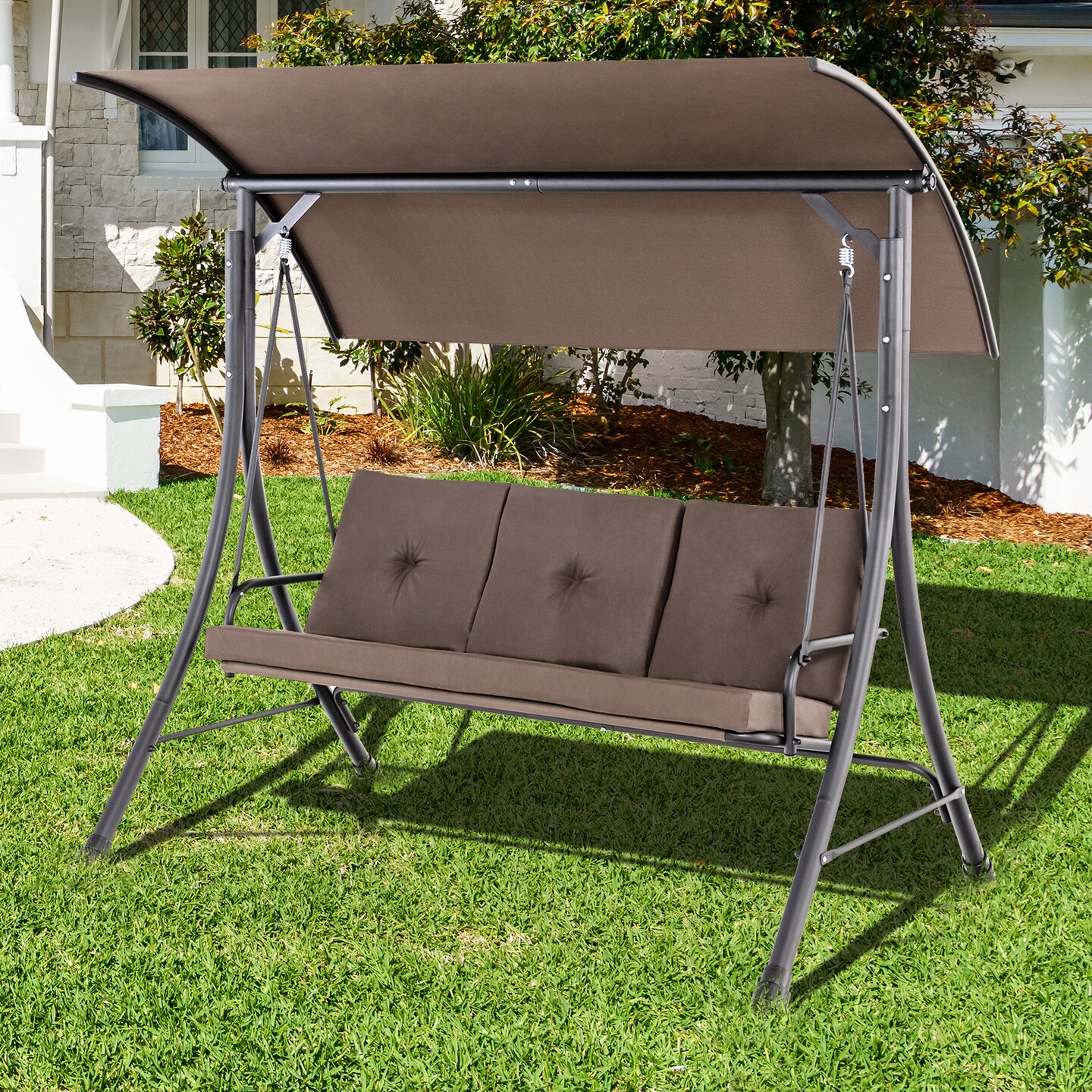 Brown Polyester Steel Porch Swing with Adjustable Canopy and Cushions