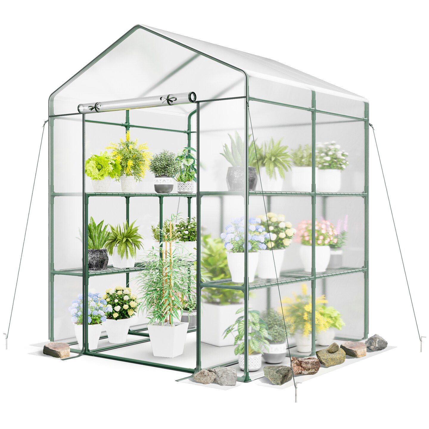 3-Tier Walk-In Greenhouse with Metal Frame Transparent Cover and Wind Ropes for Plant Growing