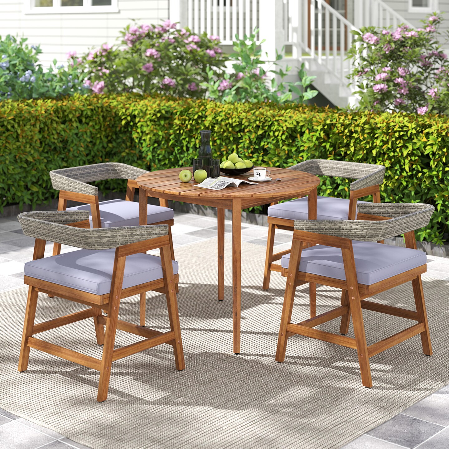 36" Round Acacia Wood Patio Dining Table with Triangular Support Perfect for Seats 4 Comfortably