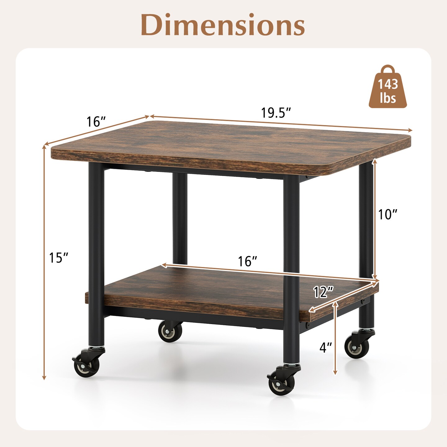 2-Tier Under Desk Printer Stand with Rolling Storage and Lockable Wheels