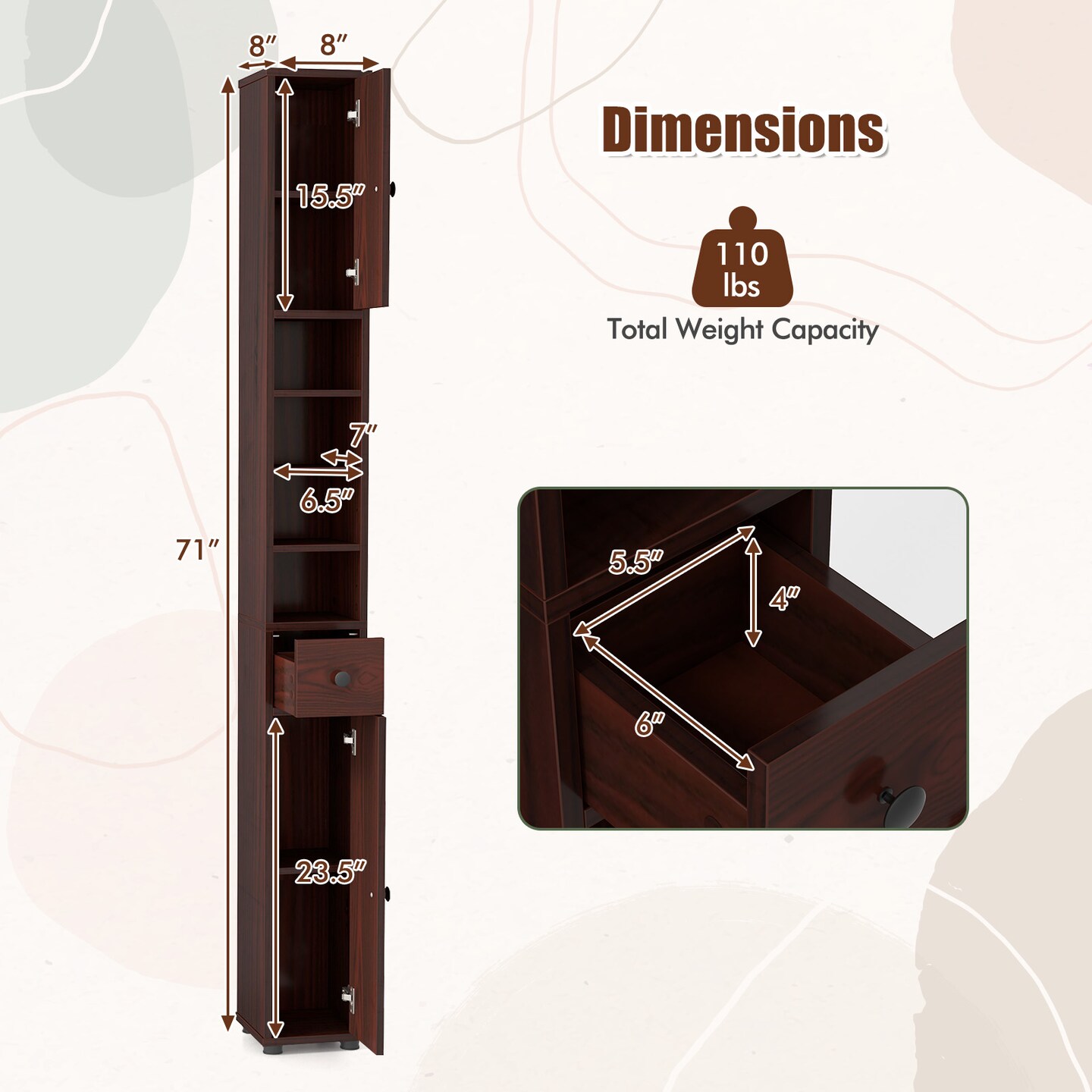 Freestanding Tall Storage Cabinet with Open Shelves Drawer and Double Door Organizer for Compact Spaces
