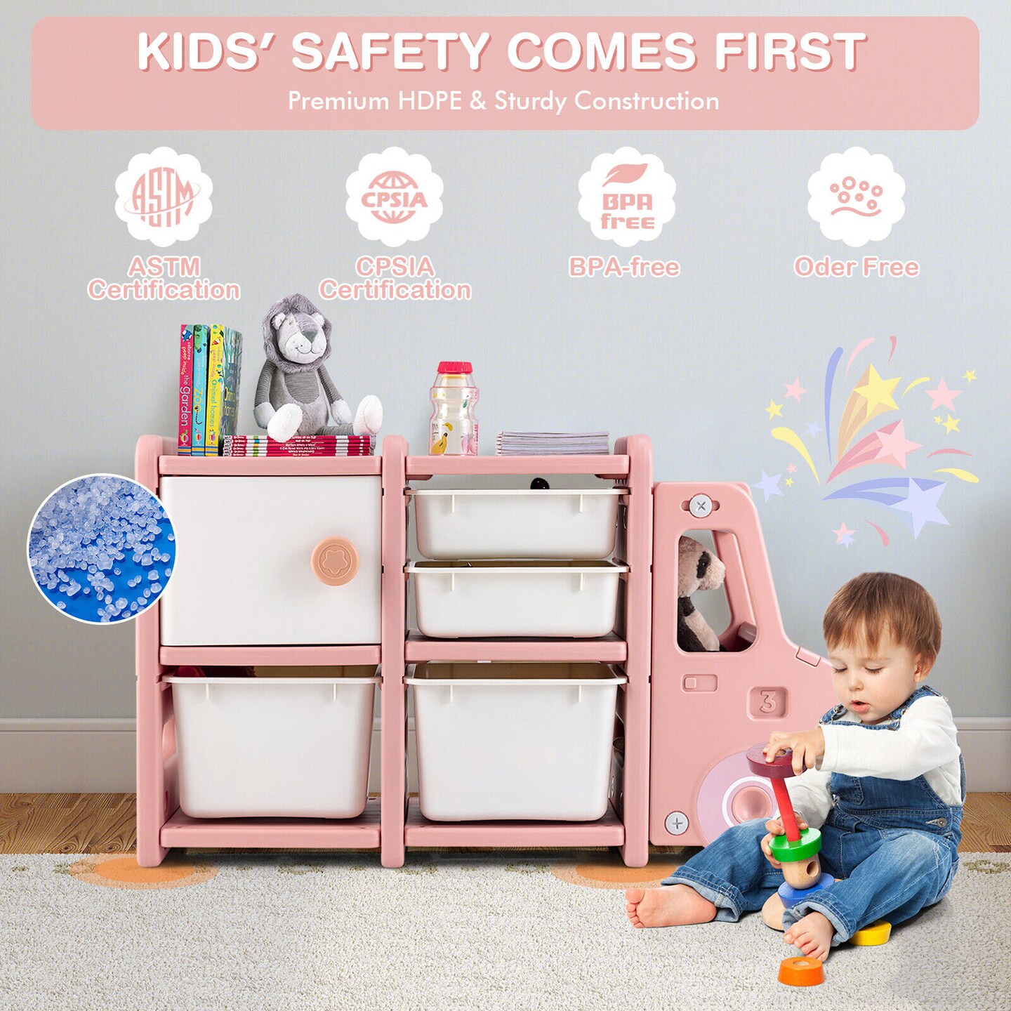 Kids Truck Storage Organizer with Plastic Bins and Toy Cabinet
