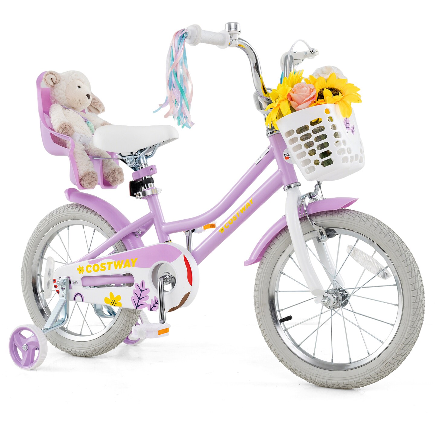 Kids Purple Bike with Adjustable Seat and Handlebar Dual Brakes, Basket, Doll Seat and Training Wheels
