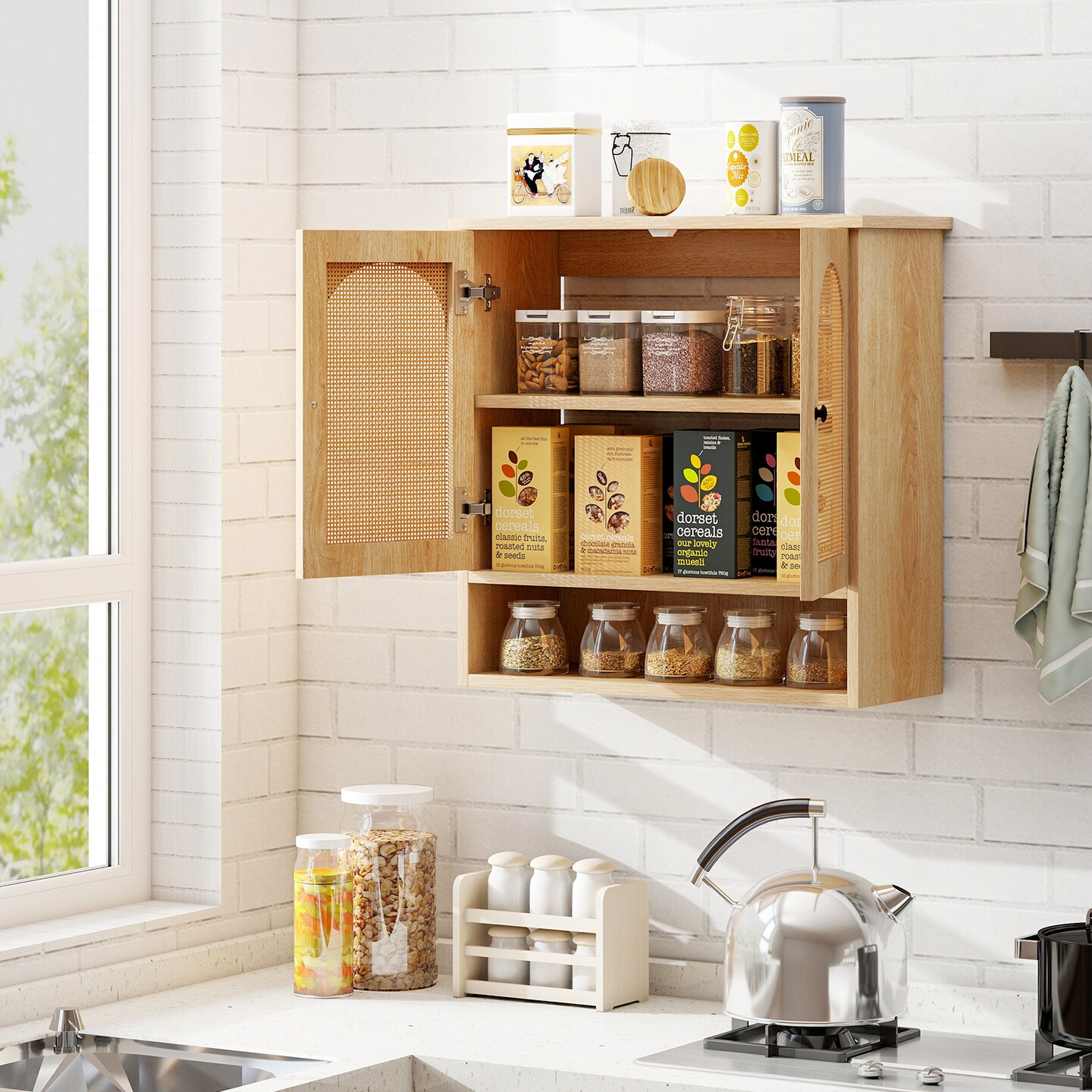 Natural MDF Wall Cabinet with Rattan Doors and Adjustable Shelves and Open Storage