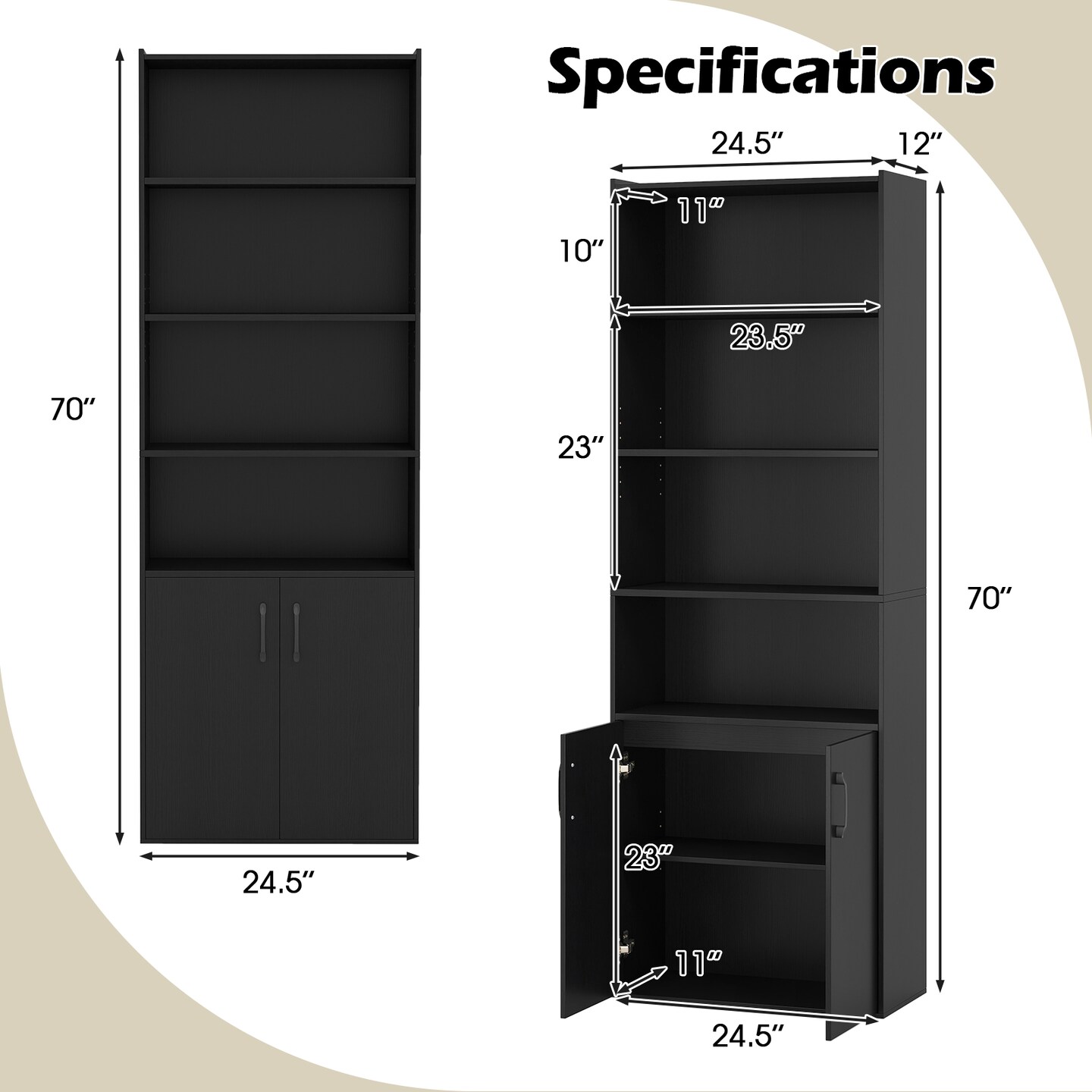 Tall Black Bookcase with Doors 6-Tier Storage Cabinet with Adjustable Shelves for Home Office