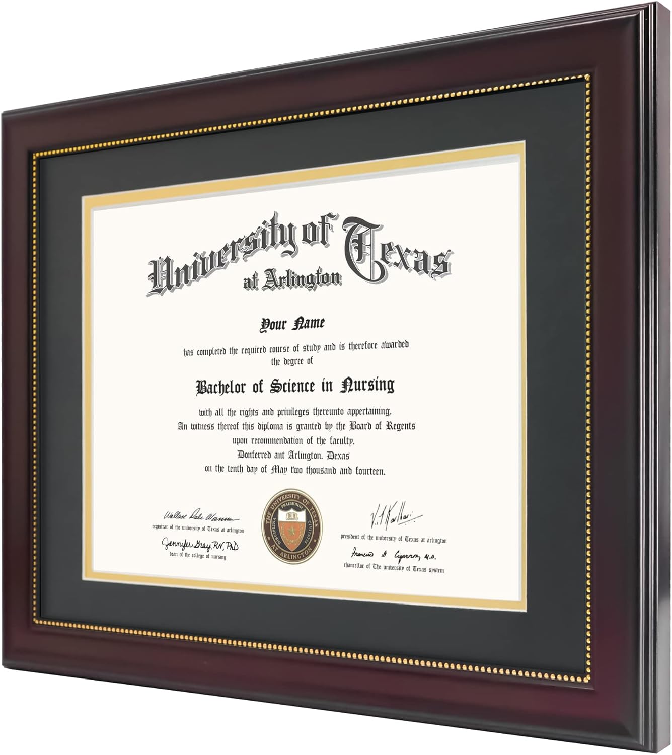 8.5x11 Diploma Frame with Black over Gold Mat or Display 11x14 Document without Mat, UV Protection Acrylic, Mahogany with Gold Beads