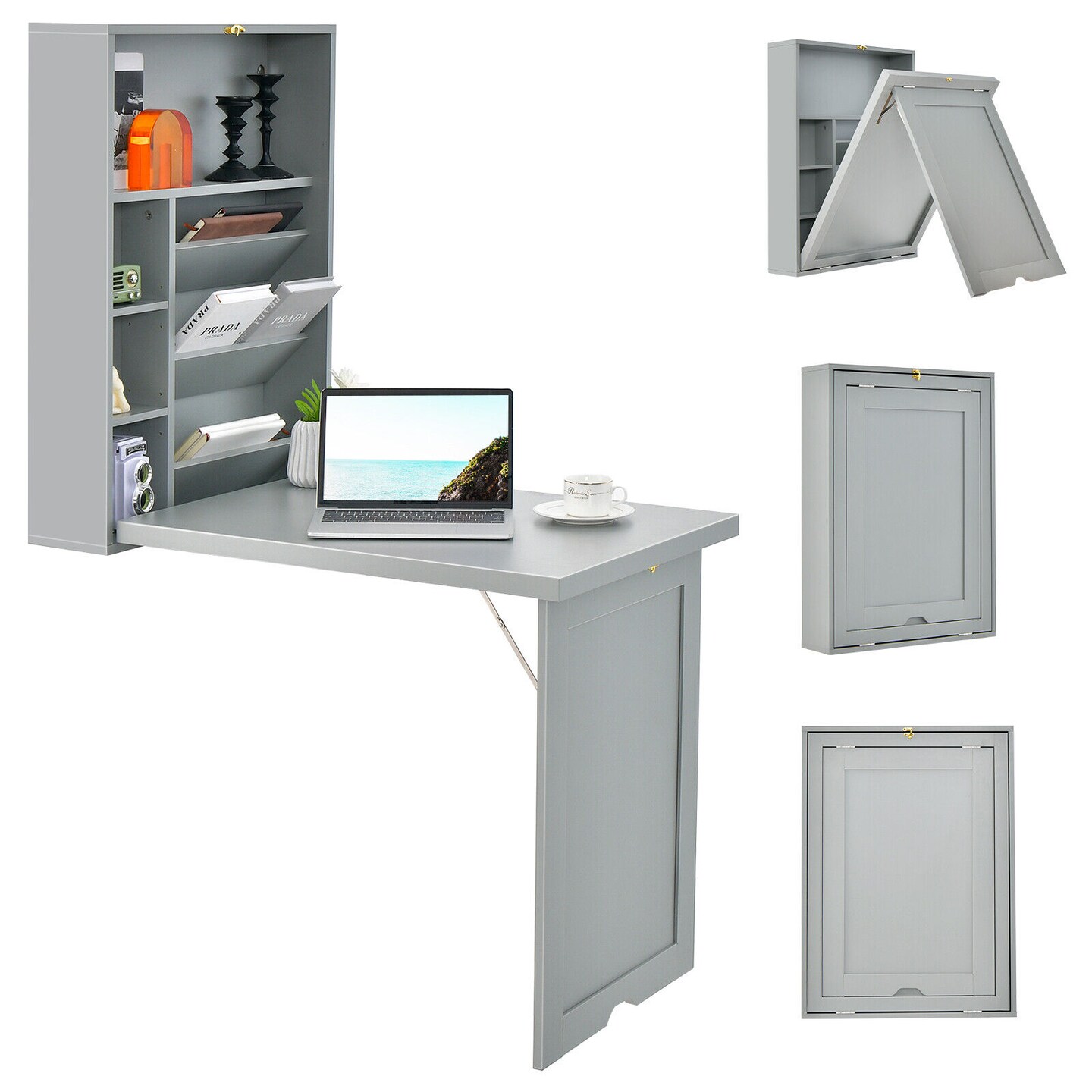 Wall Mounted Fold-Out Desk Space Saver Floating Desk with Adjustable Shelves