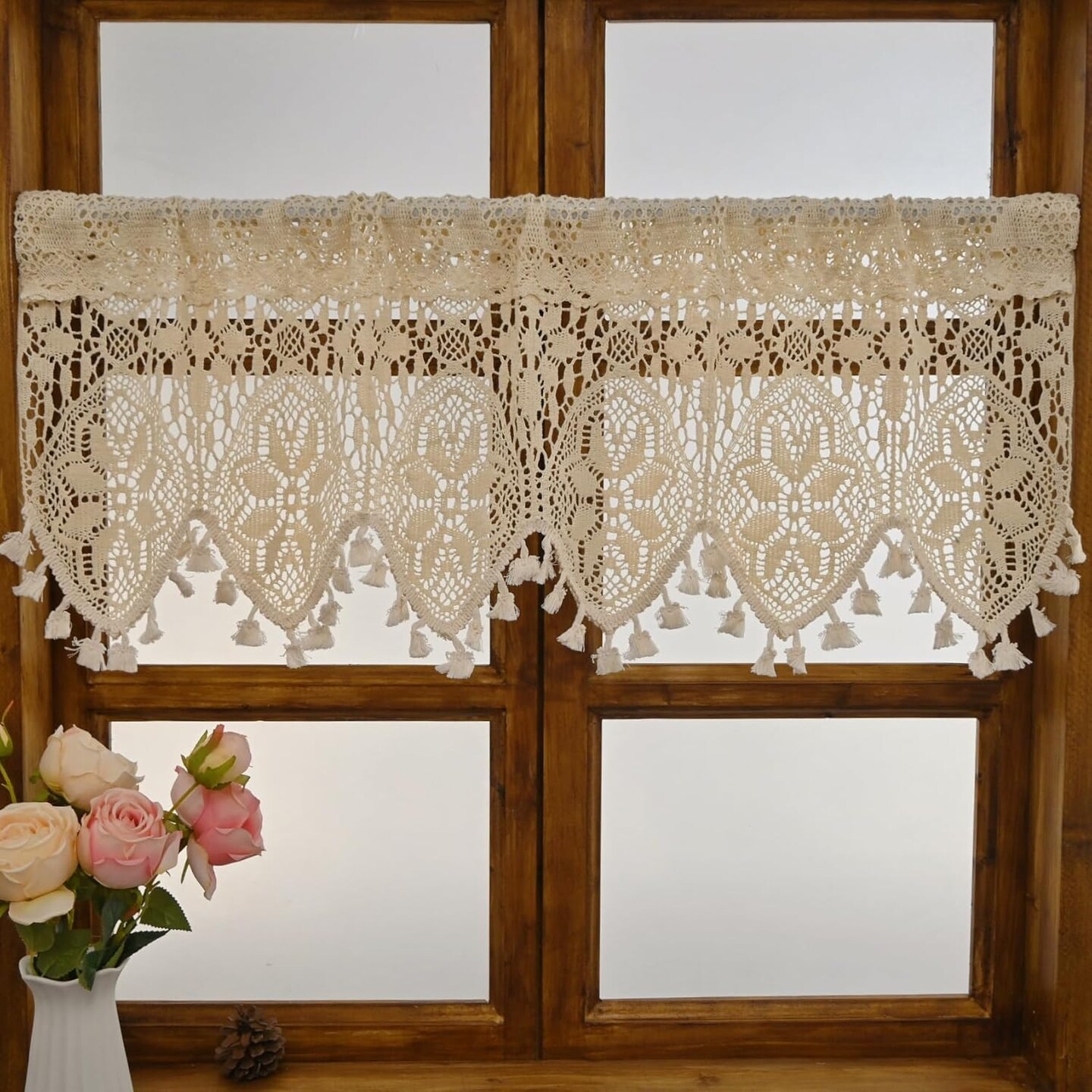 Retro Crochet Curtain Valance for Kitchen Window - 35&#x22;W x 15&#x22;L (Pack of 1) (Beige)