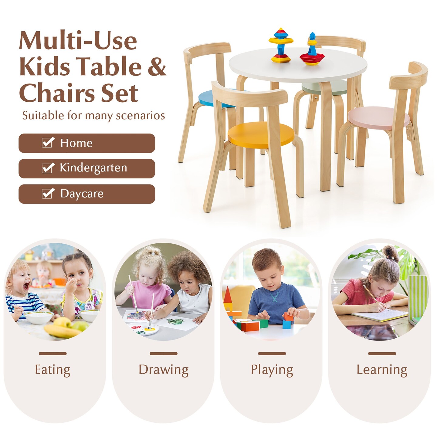 5 Piece Wooden Kids Activity Table and Chairs with Storage Friendly Design