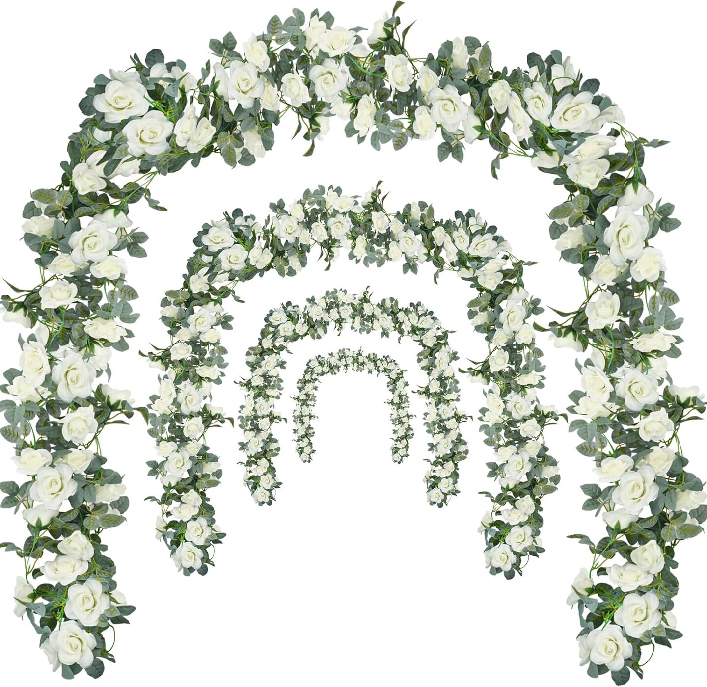 Flower Garland Rose Vine 4Pcs 28FT Artificial Floral Garland with Green Leaves Hanging Rose Vine for Wedding Party Garden Home Wall Decor (White)