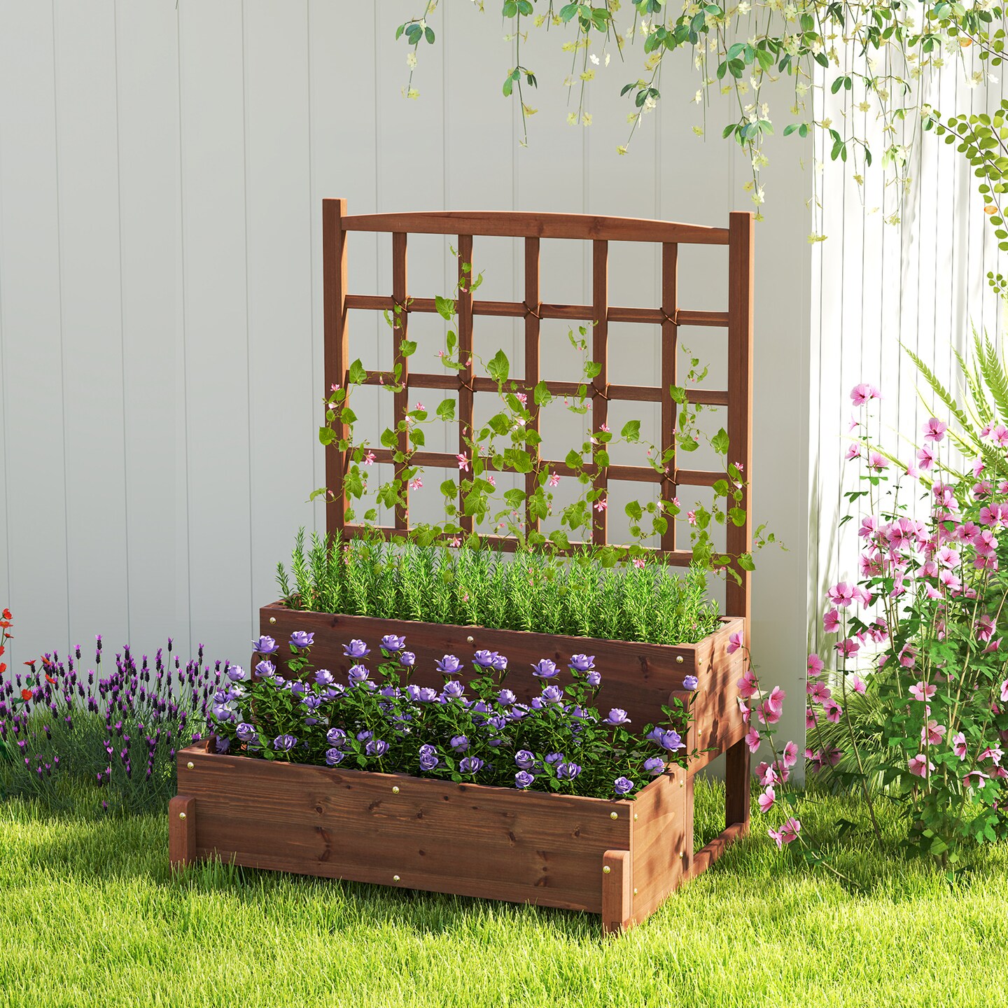 Rustic Brown Fir Wood Raised Garden Bed with Trellis 2-Tier Vertical Planter for Patio