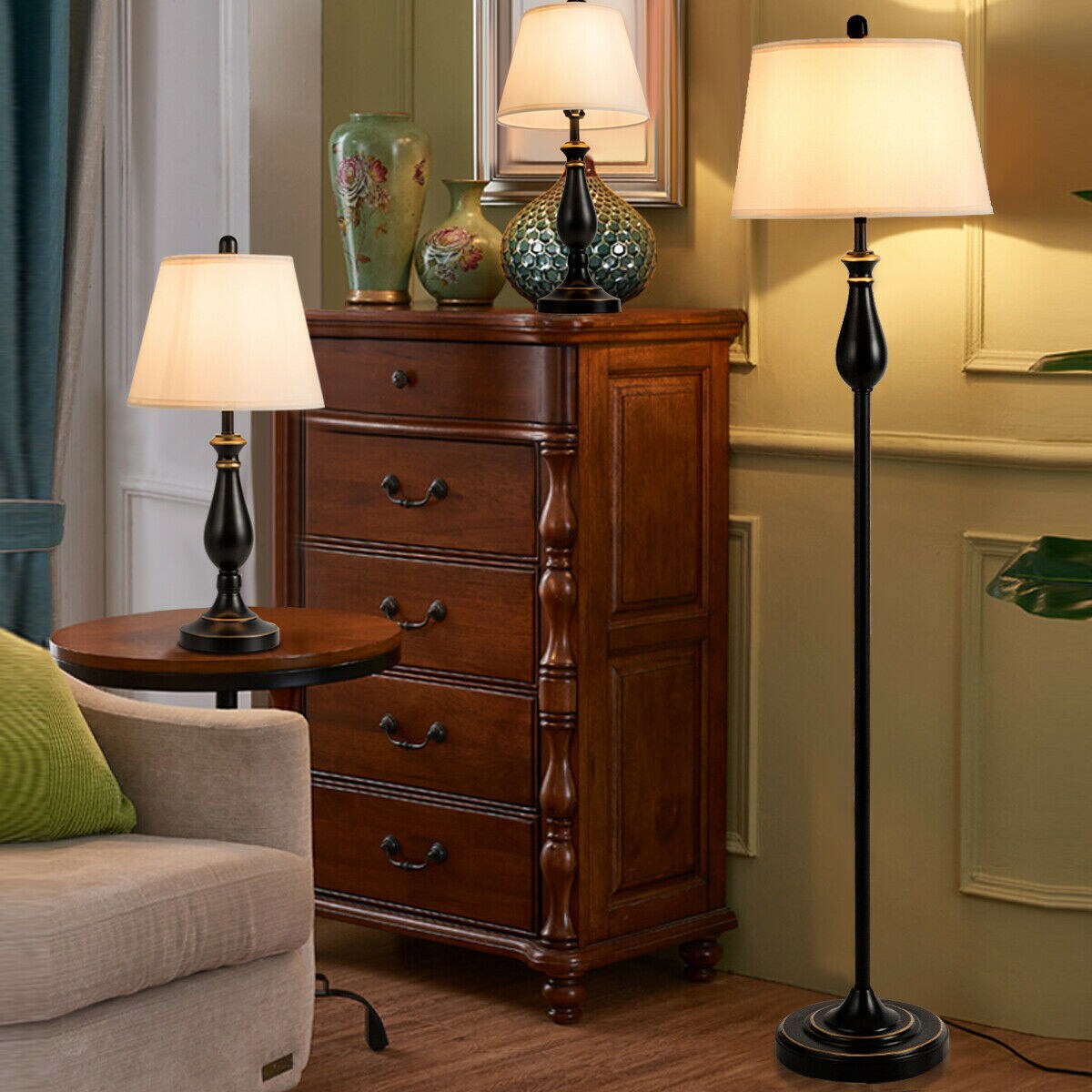 3 Piece Floor and Table Lamp Set with Fabric Shades Modern Metal Lamps for Living Room orBedroom