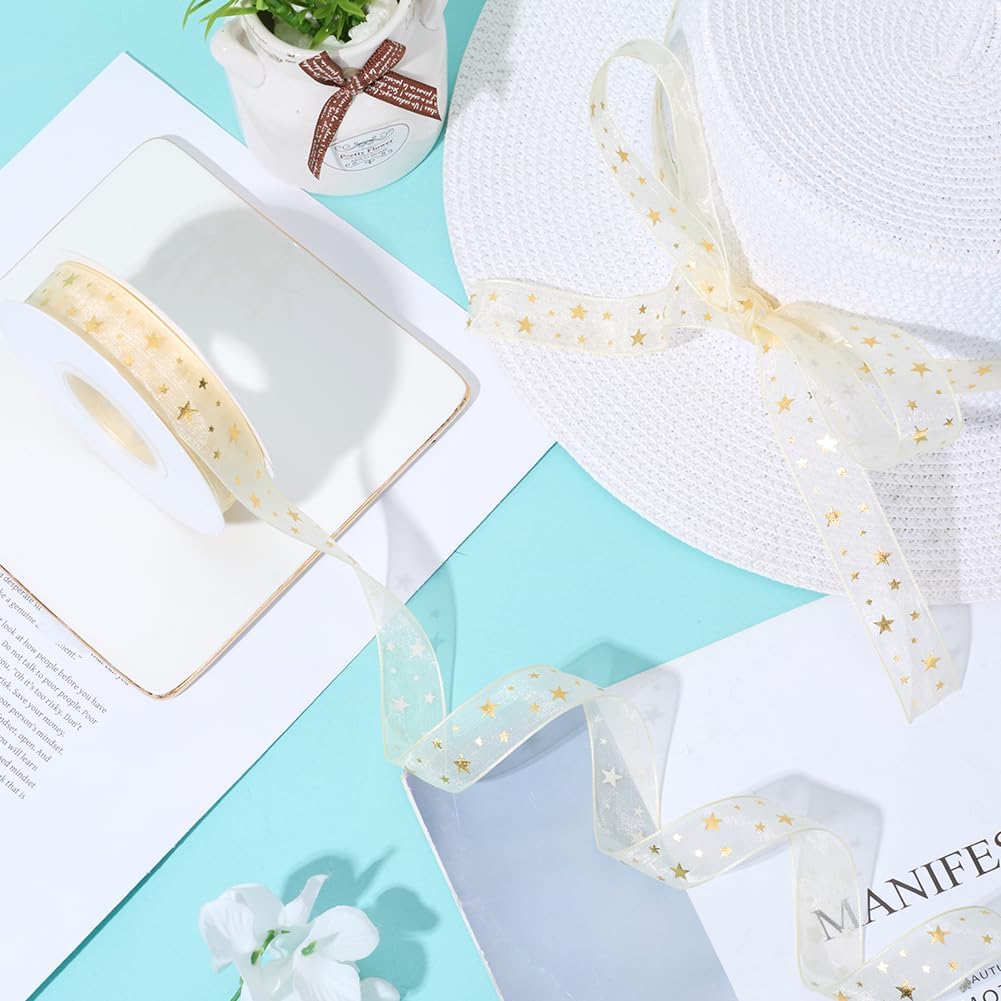 25 Yards 3/4 Inch Gold Star Print Ribbon Stars Pattern Glitter Sheer Transparent Chiffon Silk Yarn Printed Ribbons Trim Bulk with Spool for Sewing Making Crafts Gift Wrapping Wreaths Supply