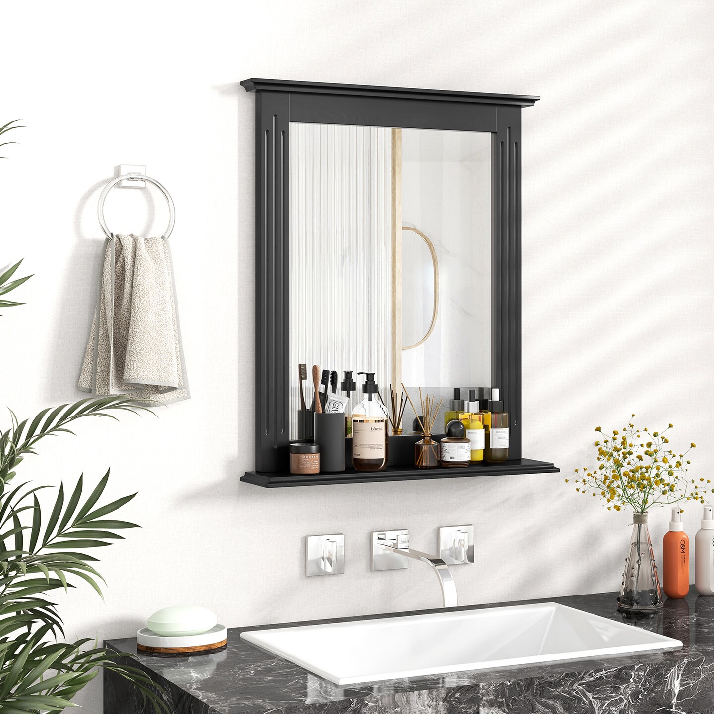 Black Wall-Mounted MDF Bathroom Mirror with Shelf Space-Saving and Stylish Design