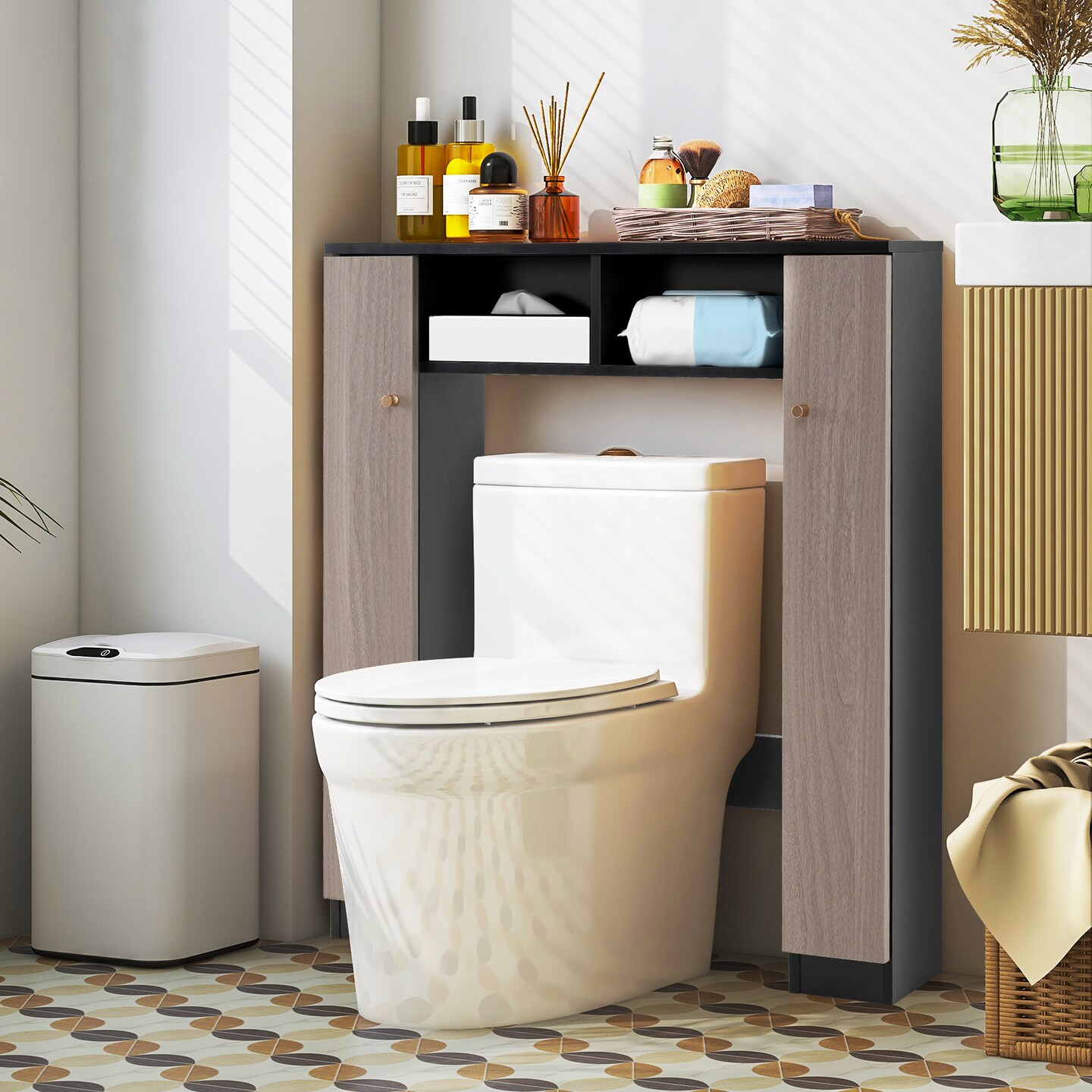 Black Engineered Wood Over-Toilet Storage Cabinet with Adjustable Shelves