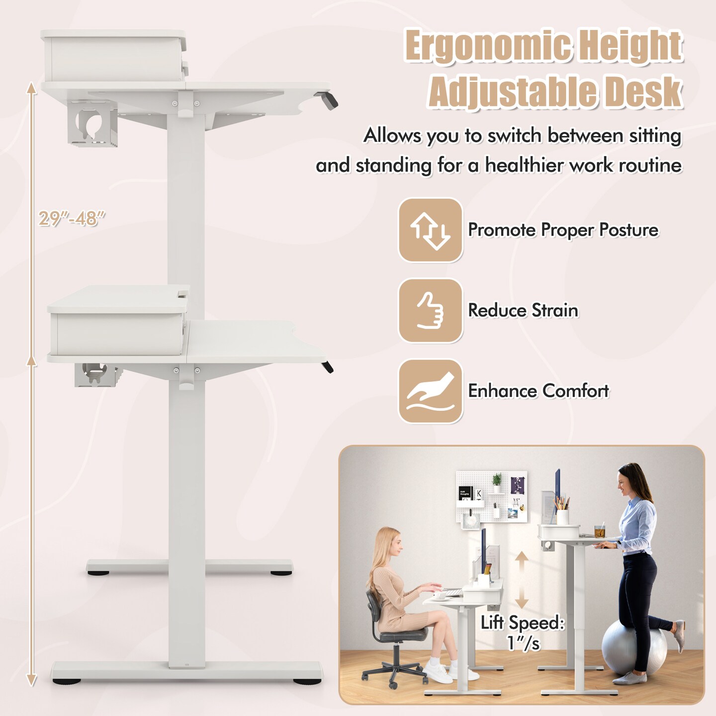 Electric Standing Desk with Adjustable Height, Drawers and Ergonomic Monitor Stand