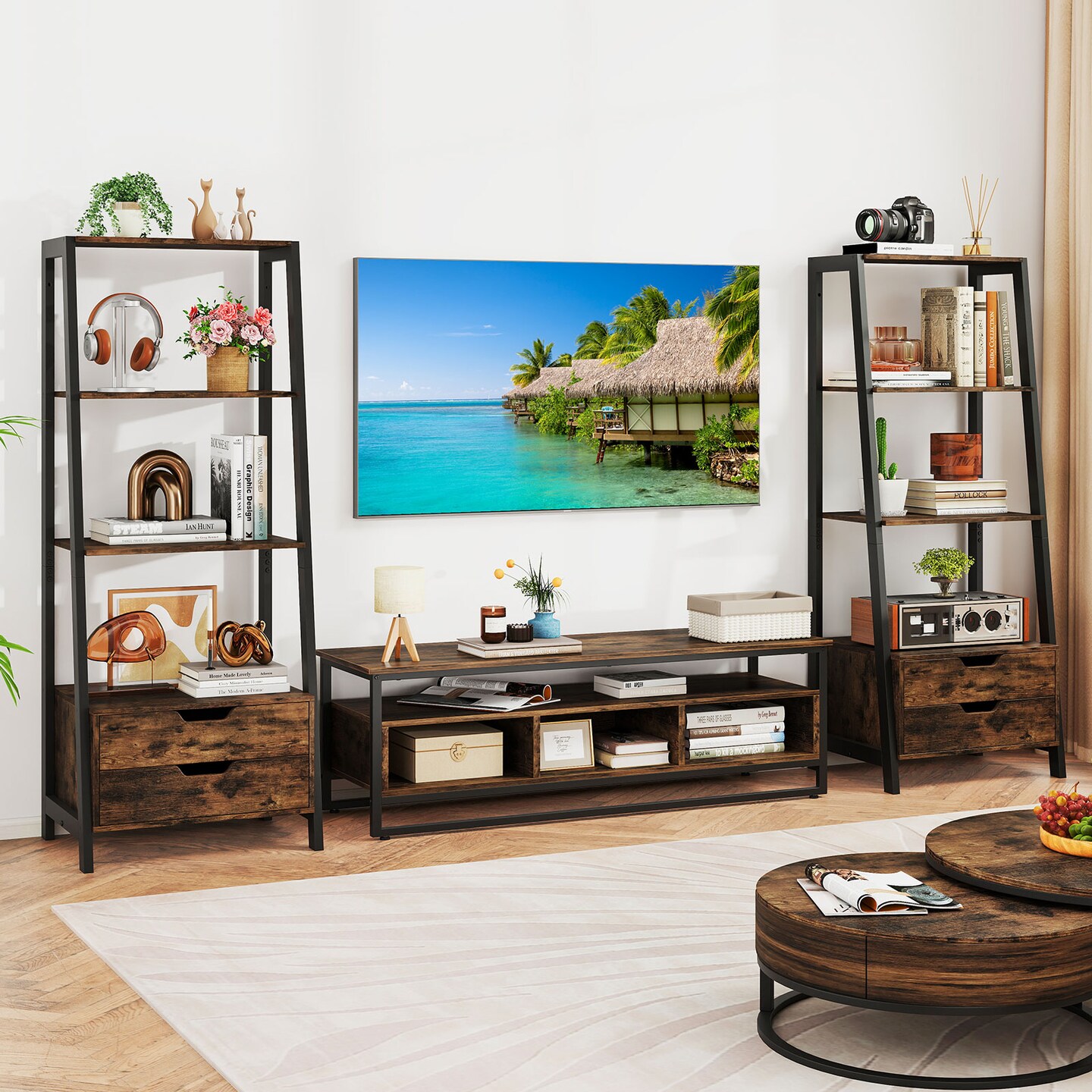 Modern 4-Shelf Ladder Bookcase with Drawers and Sturdy Metal Frame for Living Room or Kitchen
