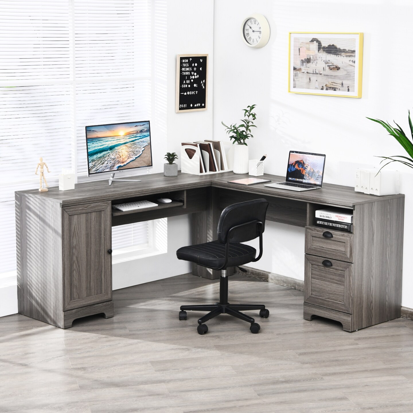L-Shaped Computer Desk with Drawers and Shelves for Office and Study Room