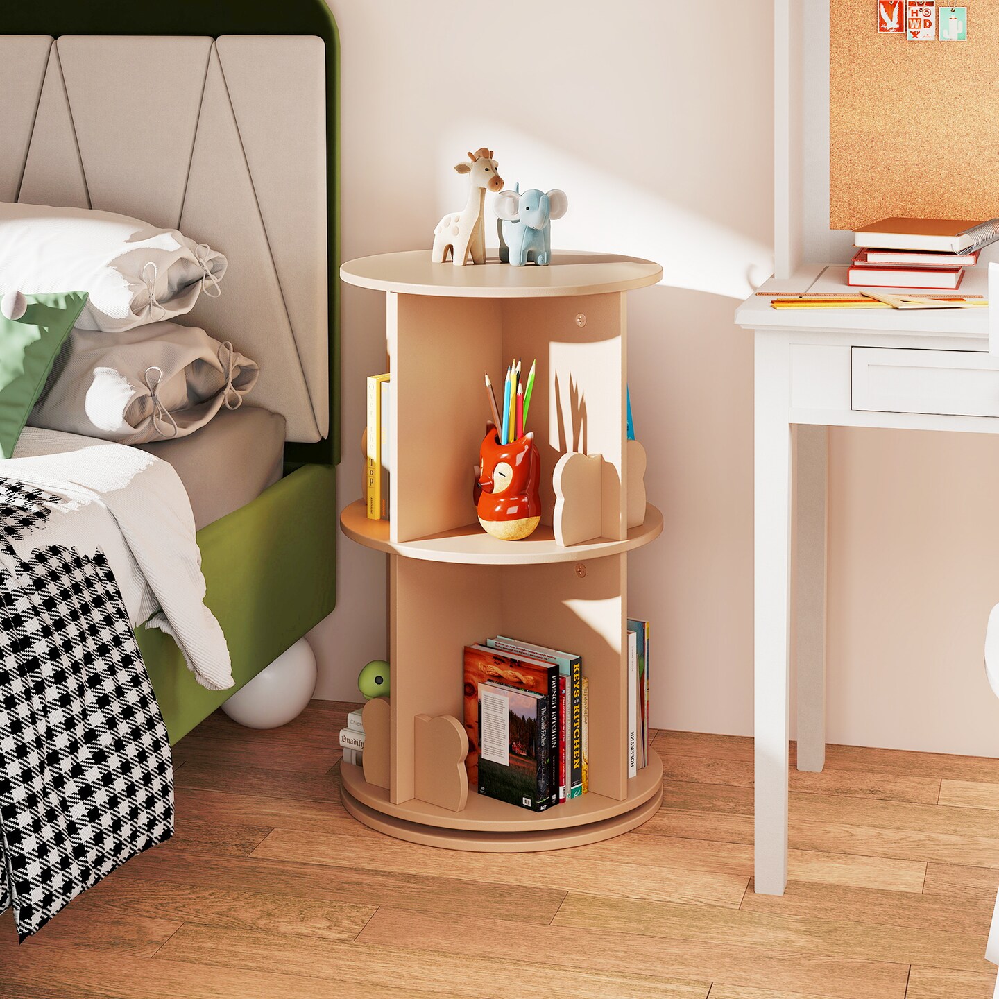 2 Tier Rotating Kids Bookshelf Storage Rack with Bear Baffles and 8 Slots